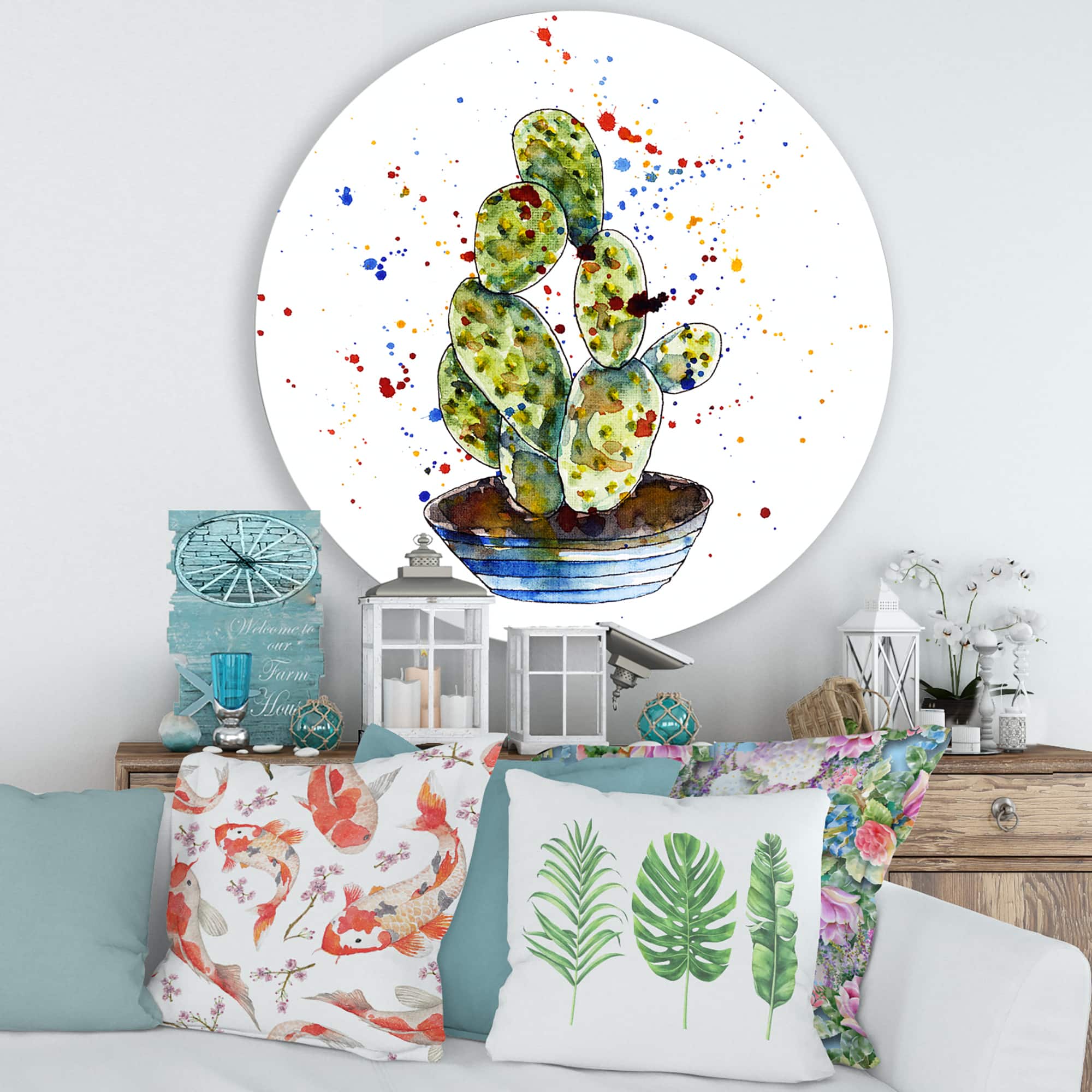 Designart - Cactus Houseplant - Traditional Metal Circle Wall Art