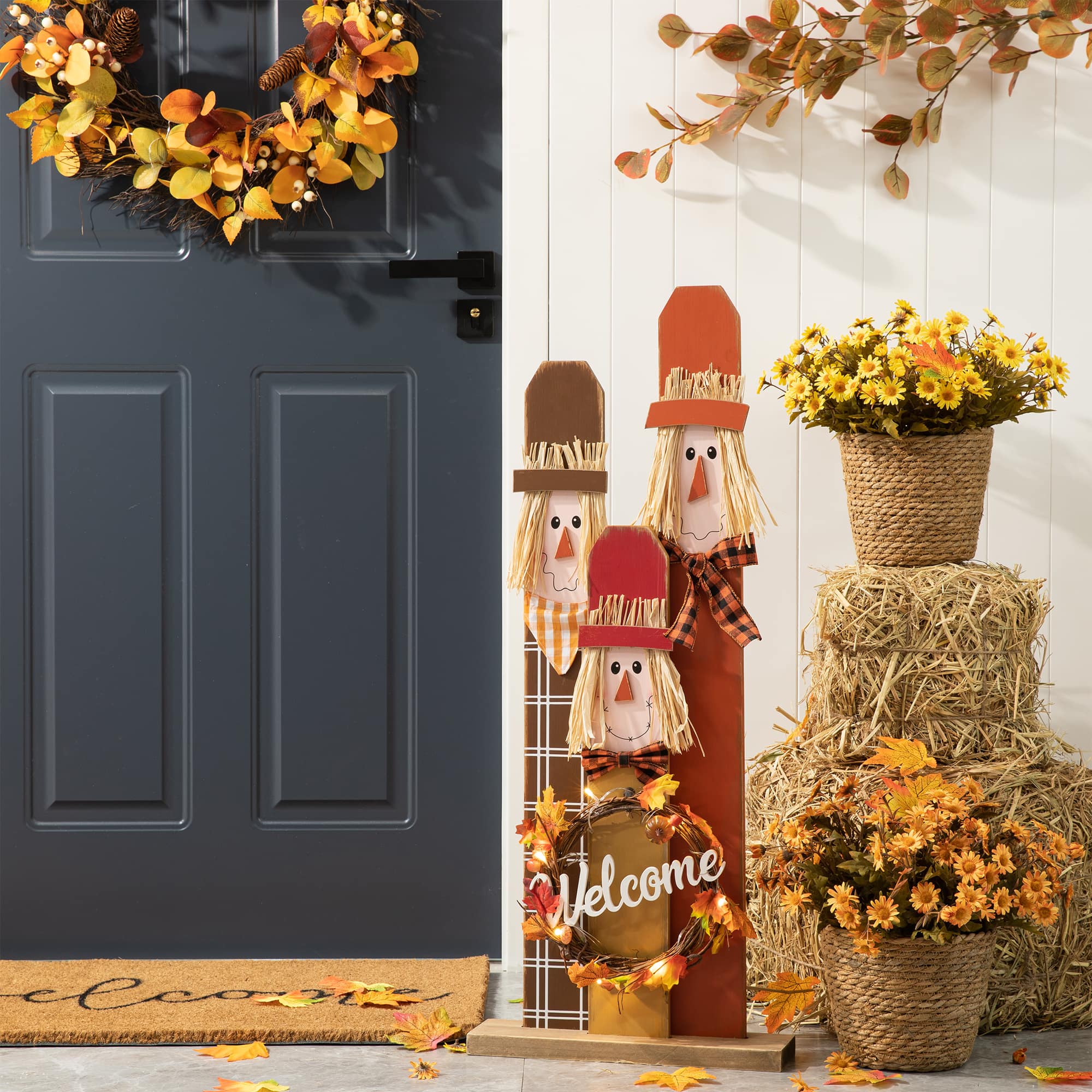 Glitzhome&#xAE; 36.25&#x22; Wooden Scarecrow Family Porch D&#xE9;cor with Lighted Wreath &#x26; Timer