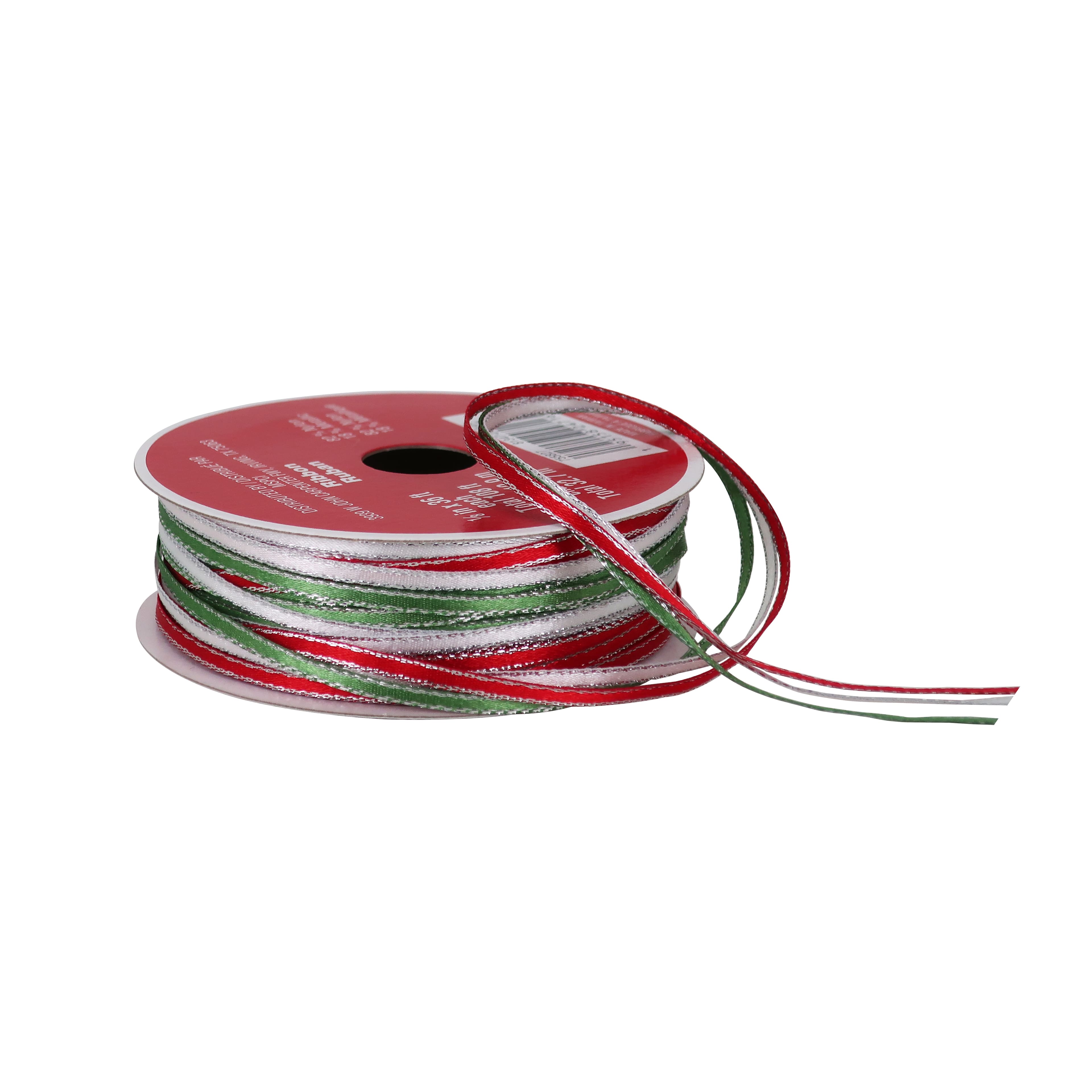 1/8&#x22; x 36ft. Green, Red &#x26; White Satin Trim Ribbon by Celebrate It&#xAE; Christmas