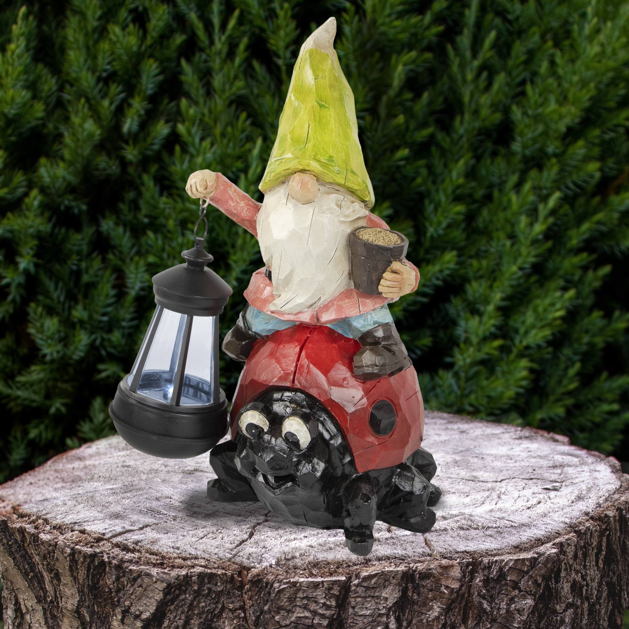 12.25&#x22; Solar LED-Lit Gnome &#x26; Ladybug Outdoor Garden Statue
