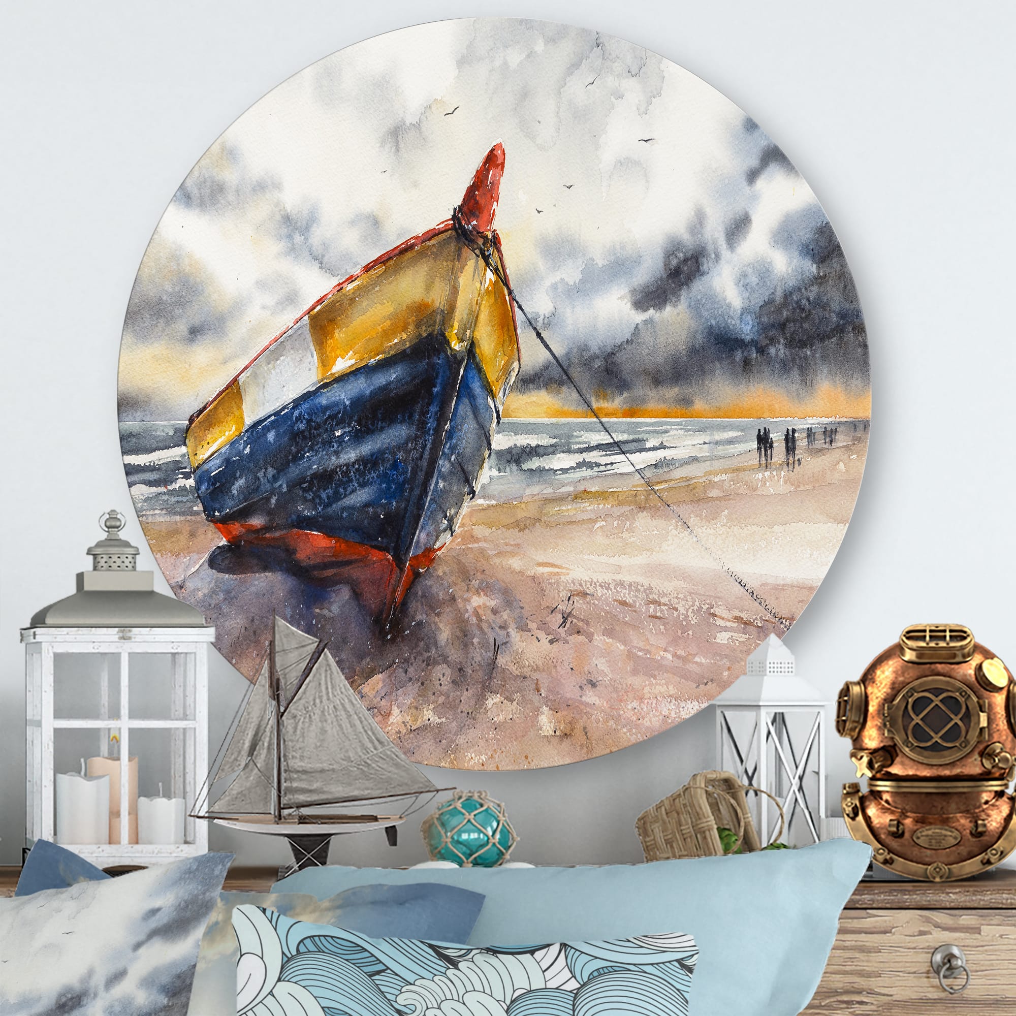 Designart - Wooden Boat On The Baltic Shores - Nautical &#x26; Coastal Metal Circle Wall Art