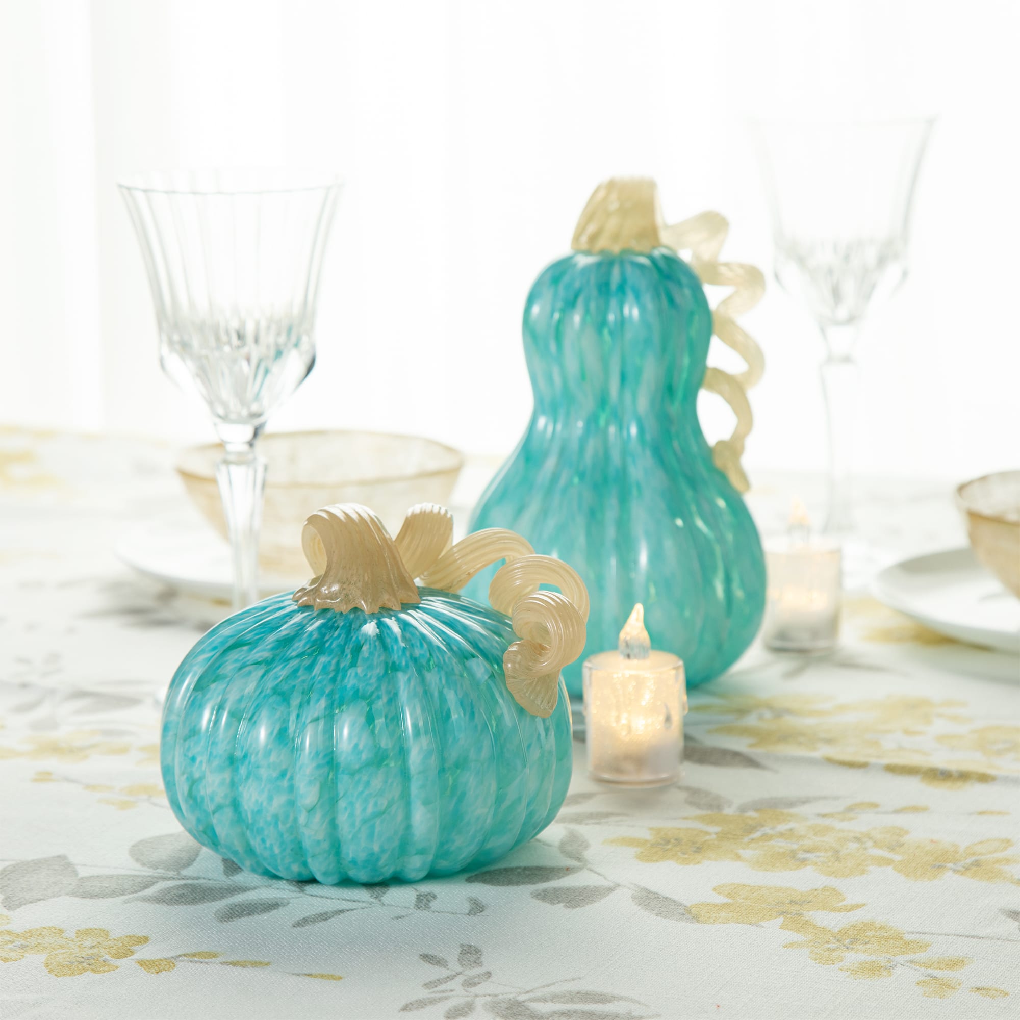 Glitzhome&#xAE; 6&#x22; Fall Turquoise Round Glass Pumpkin
