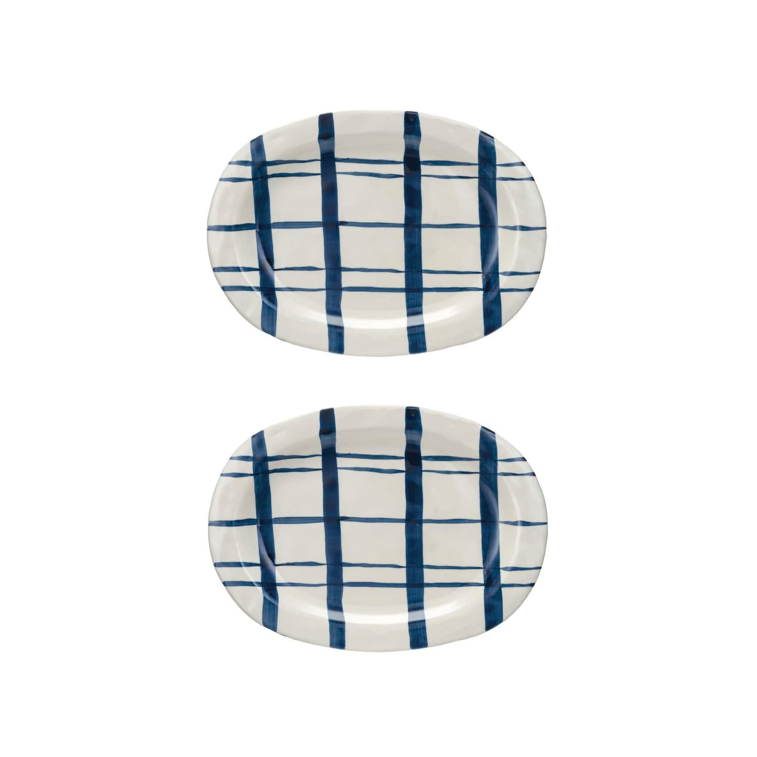 Hello Honey® 14" Hand-Painted Wax Relief Blue Stripe Oval Stoneware Platters, 2ct.