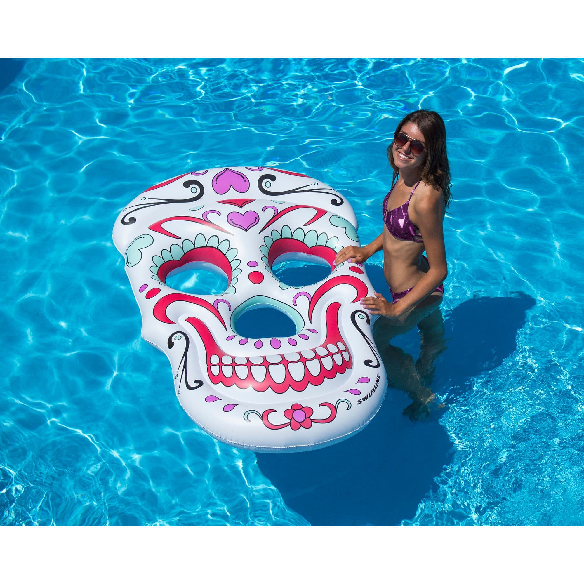 Swimline 5ft. Inflatable White &#x26; Pink Sugar Skull Swimming Pool Float