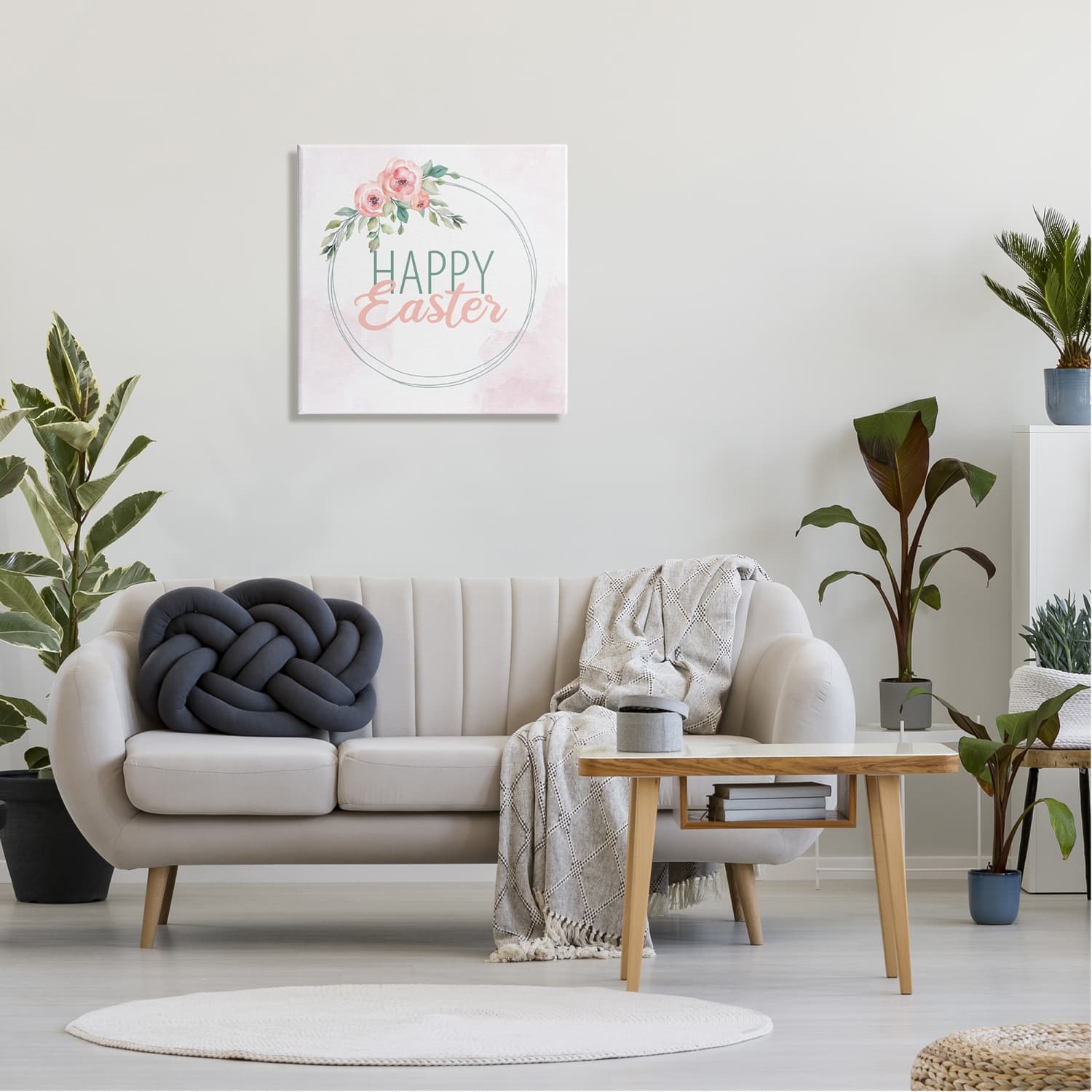 Stupell Industries Happy Easter Round Floral Border Pastel Pink Design Canvas Wall Art