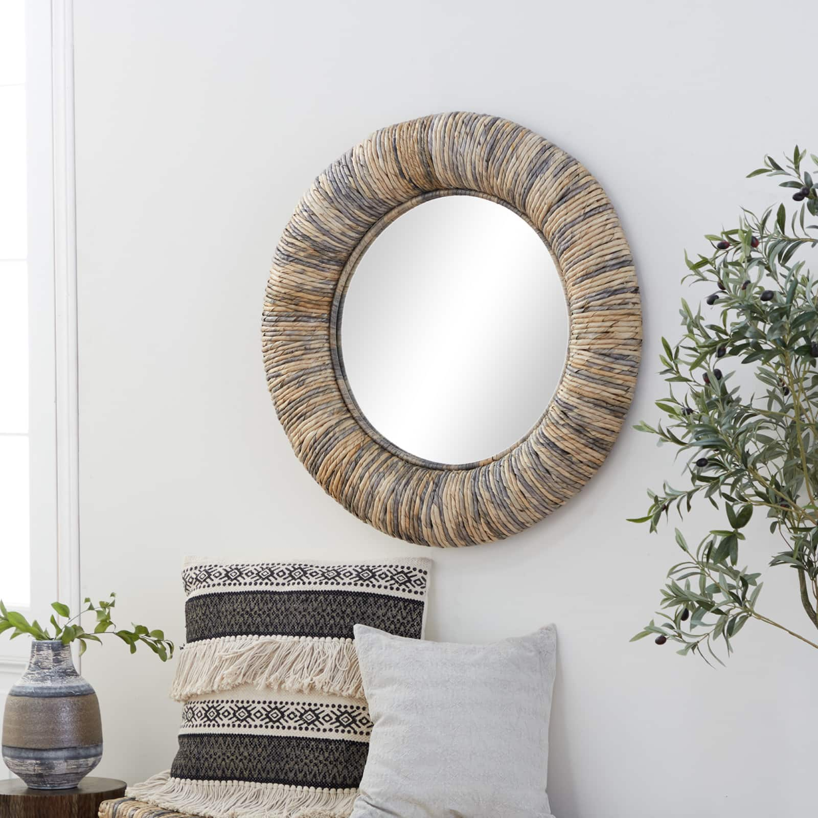 35&#x22; Gray Temper Border Coastal Style Round Wall Mirror