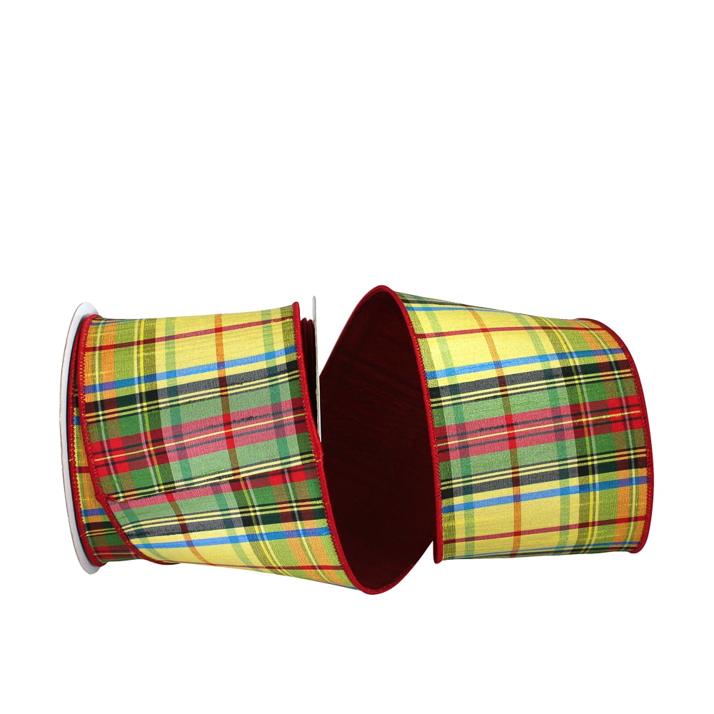 JAM Paper 4" x 10yd. Dupioni Wired Edge Sunshine Plaid Ribbon