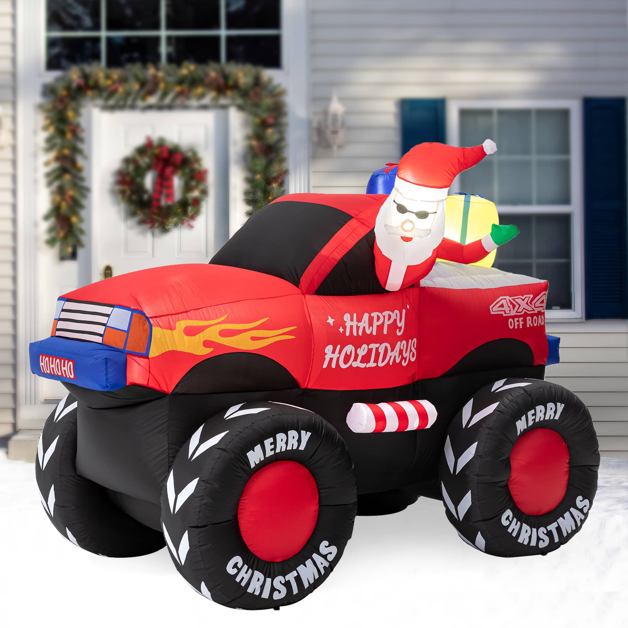 Glitzhome&#xAE; 7ft. LED Lighted Santa Claus Pickup Truck Inflatable D&#xE9;cor