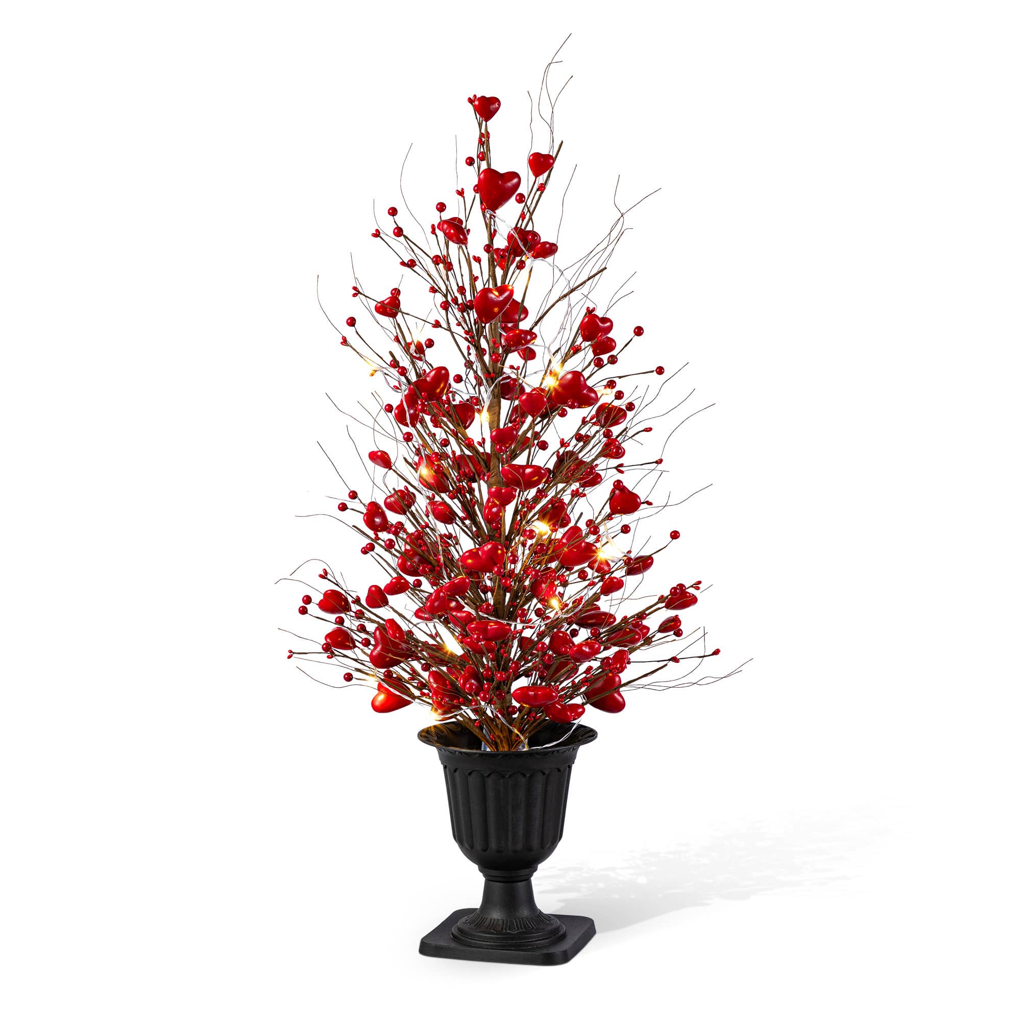 Glitzhome® 36" Valentine's Lighted Red Berry Heart Urn Porch Tree with Timer