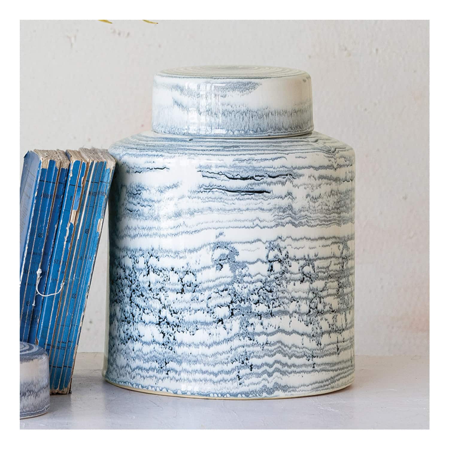 Hello Honey® Blue & White Striped Stoneware Ginger Jar with Reactive Glaze