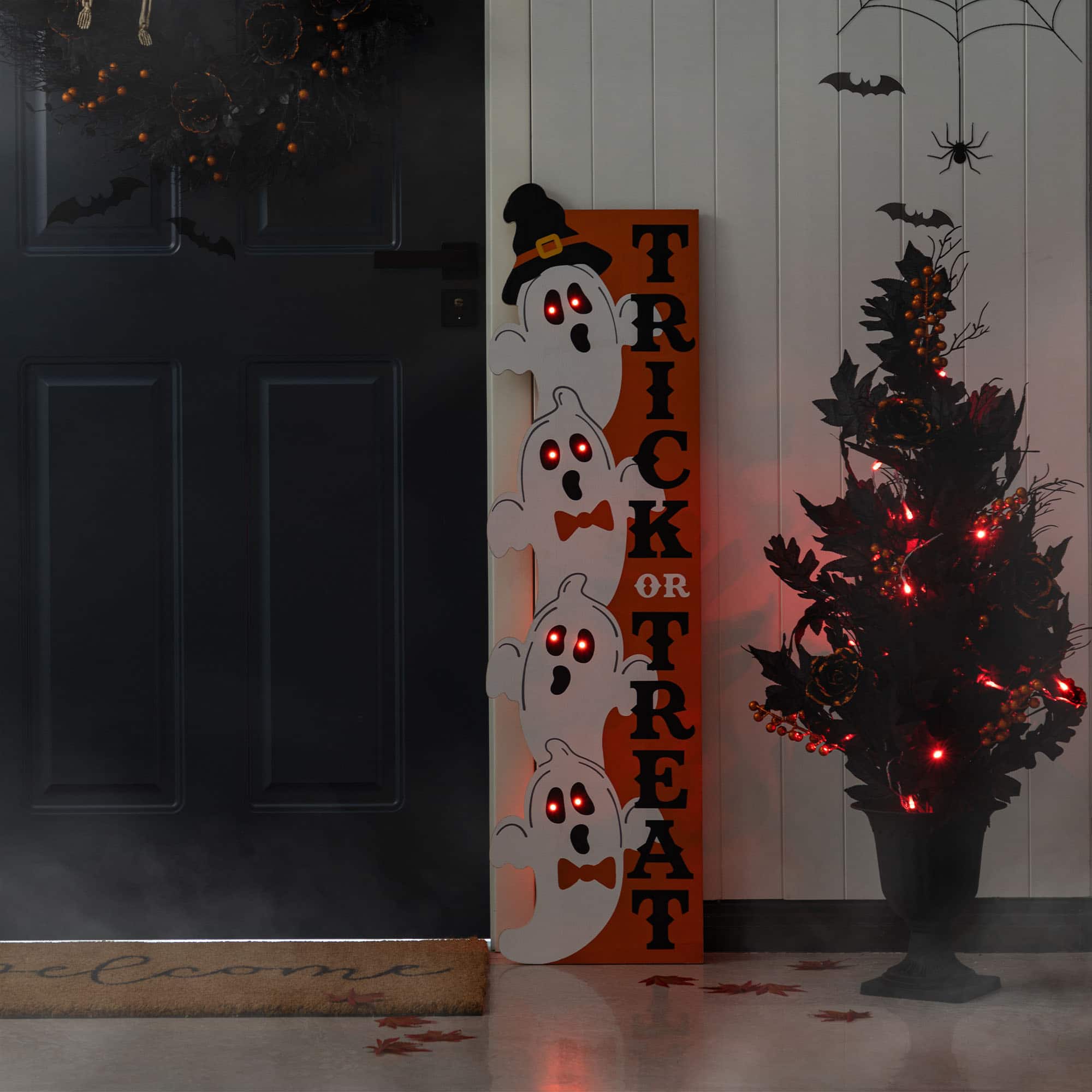 Glitzhome&#xAE; 42&#x22;H Lighted Halloween Wooden Stacked Ghost Porch Sign with Timer