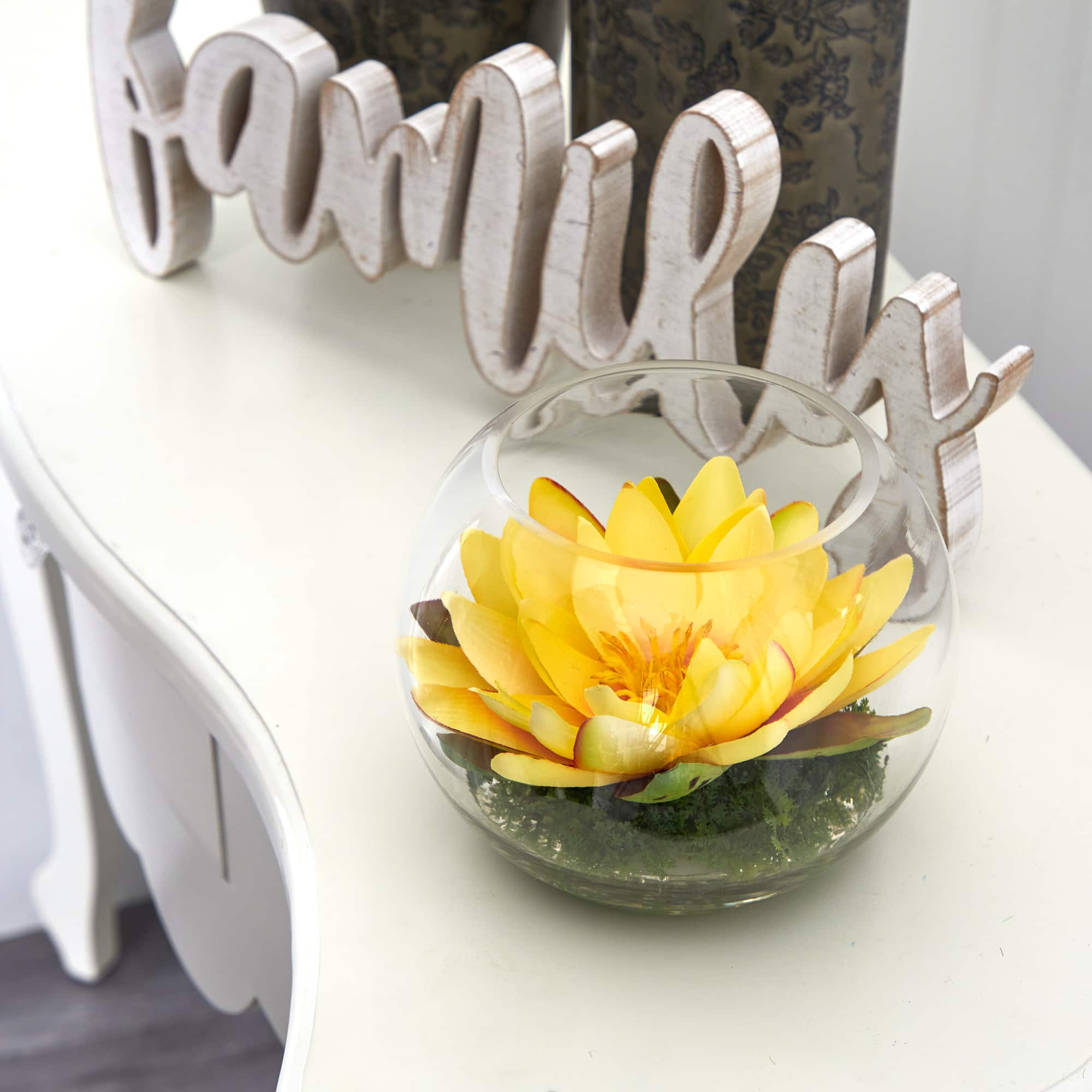 8&#x22; Yellow Lotus Arrangement in Glass Bowl Vase