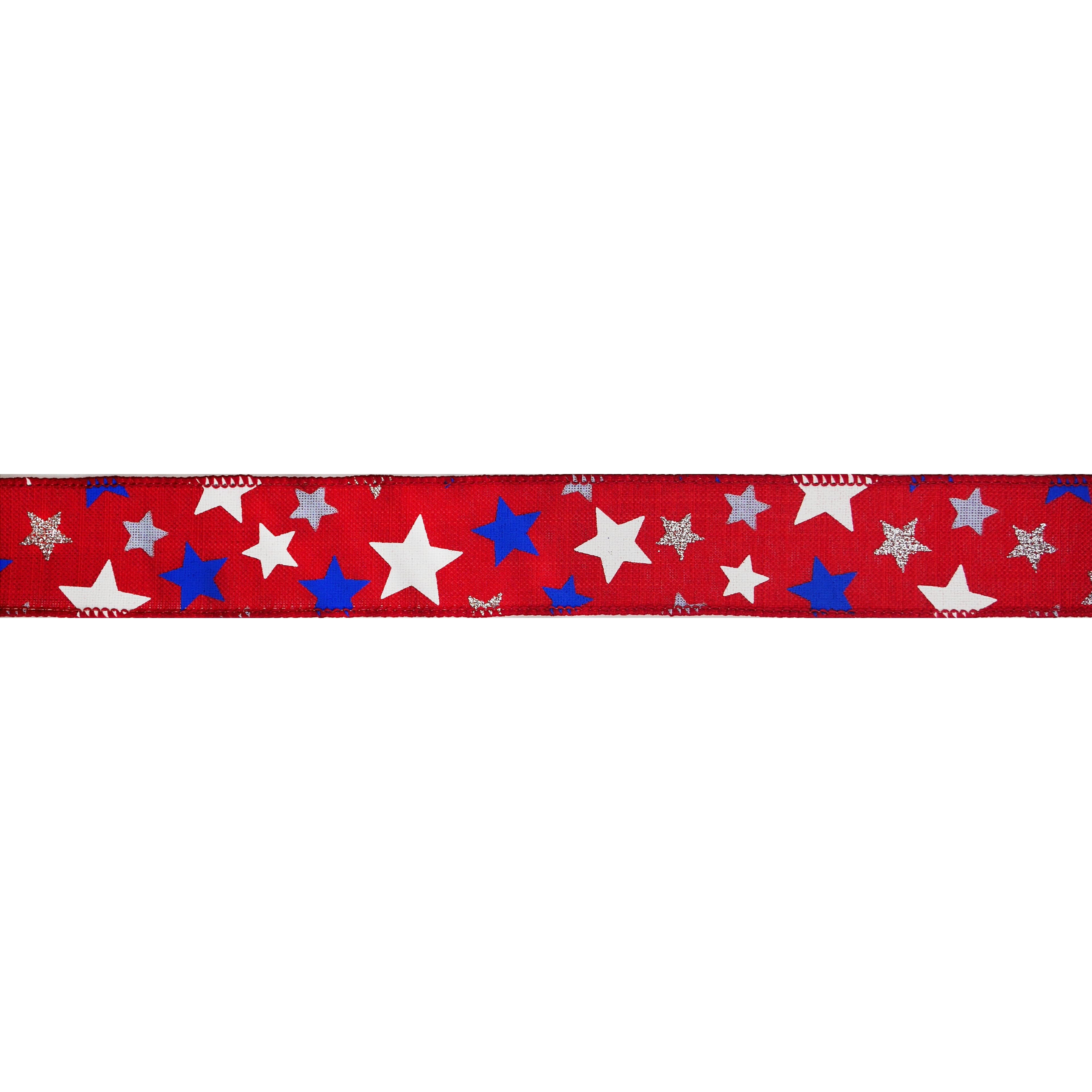 1.5&#x22; x 30ft. Blue &#x26; White Stars on Red Wired Faux Linen Ribbon by Celebrate It&#xAE; Red, White &#x26; Blue