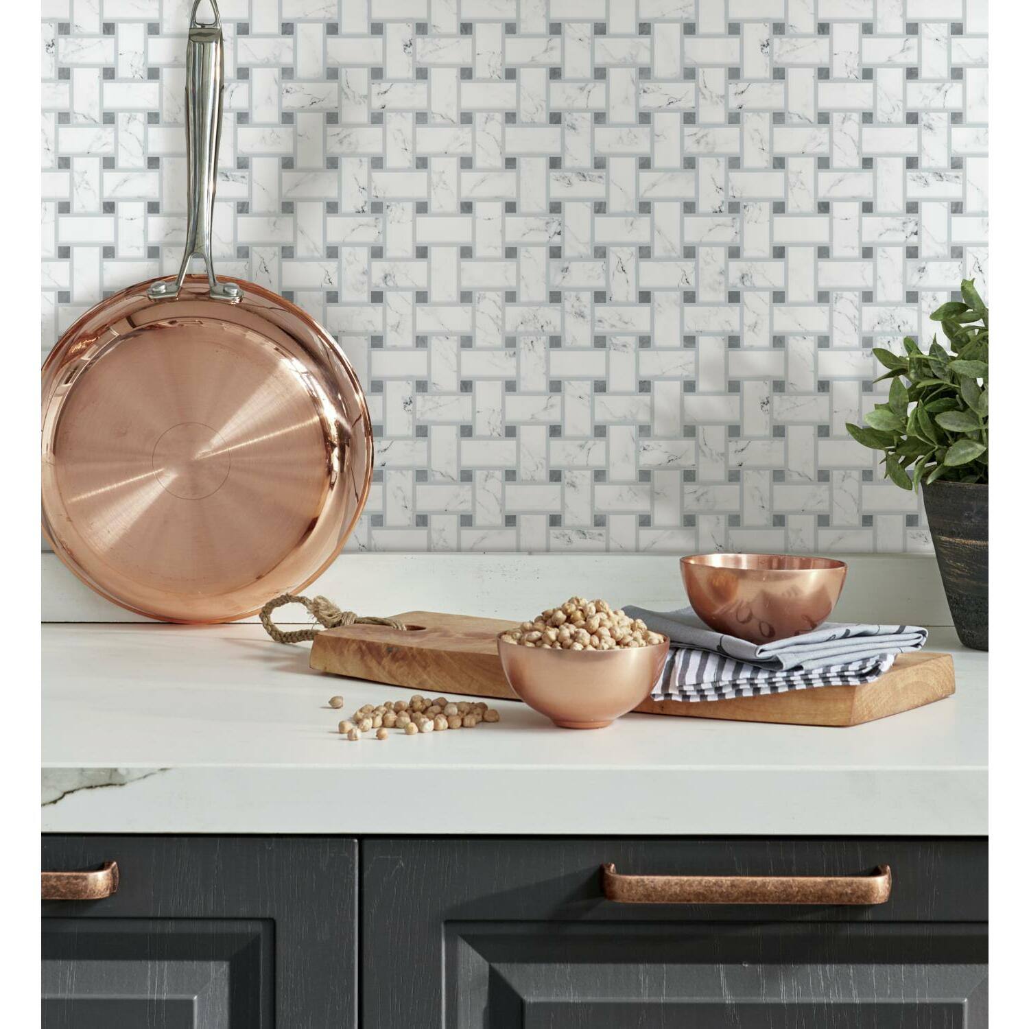 RoomMates Basketweave Carrara Marble Peel &#x26; Stick Backsplash StickTiles&#xAE;