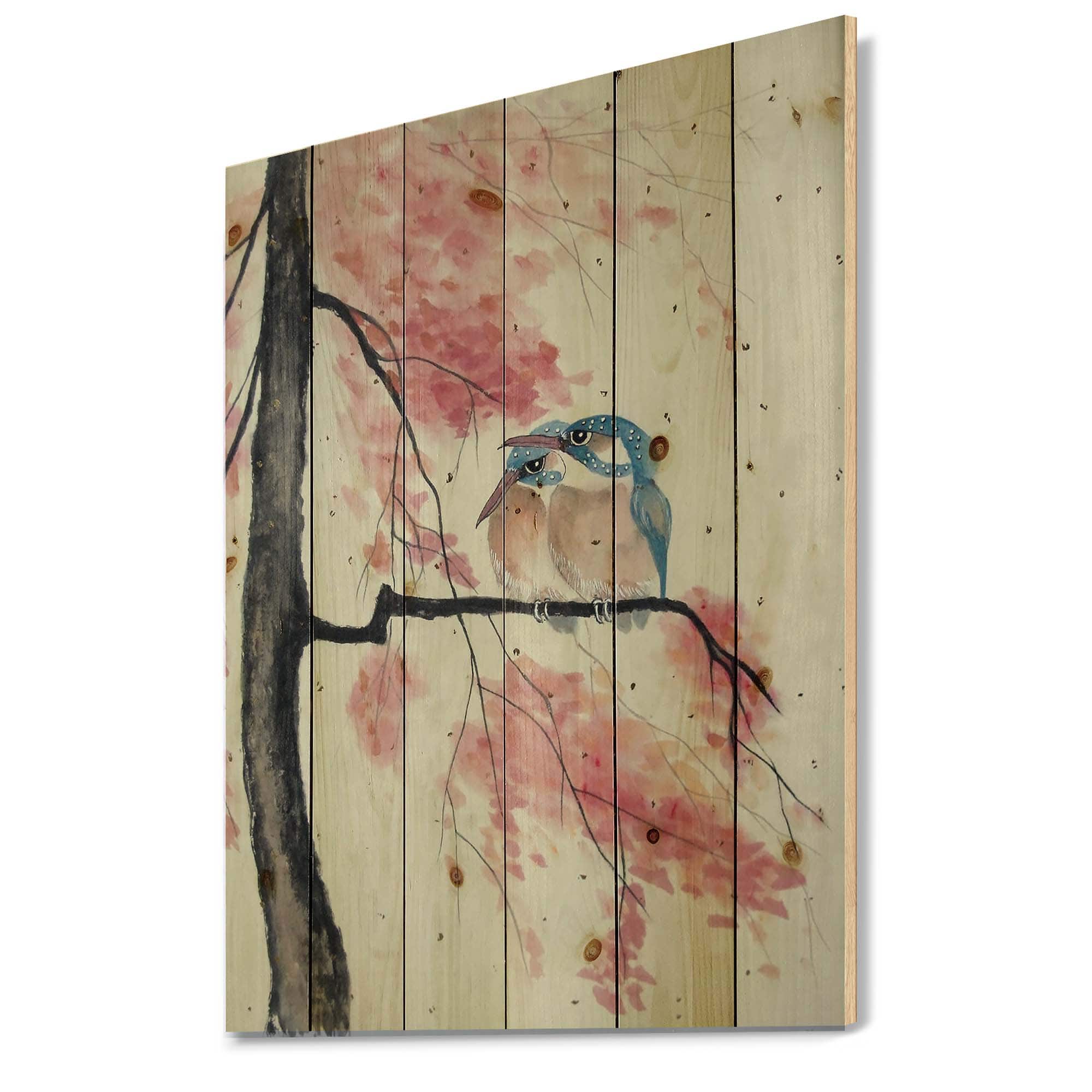 Designart - Two Kingfisher Birds Sit On A Flowering Branch - Traditional Print on Natural Pine Wood