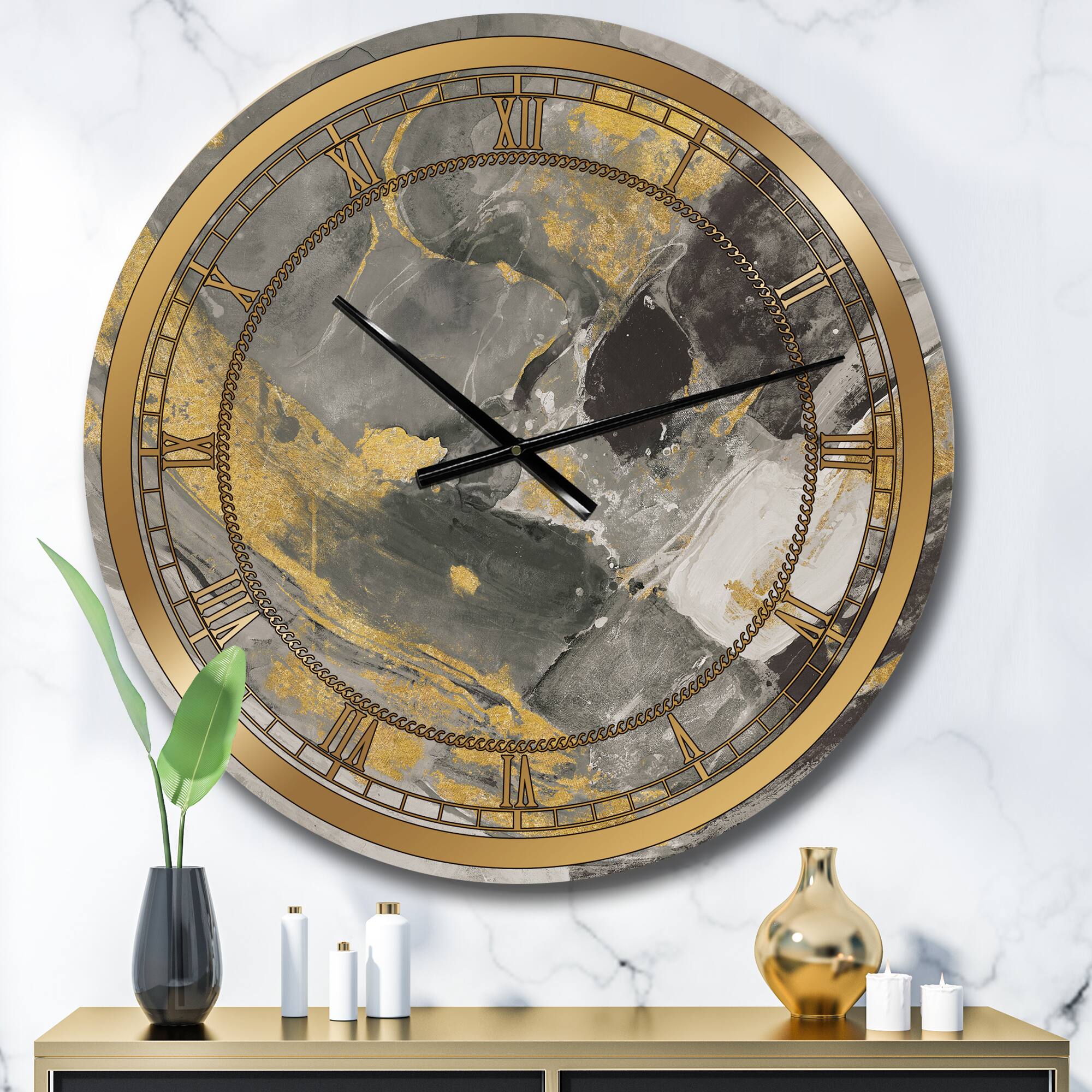 Designart Marble Gold and Black II Glam Wall Clock