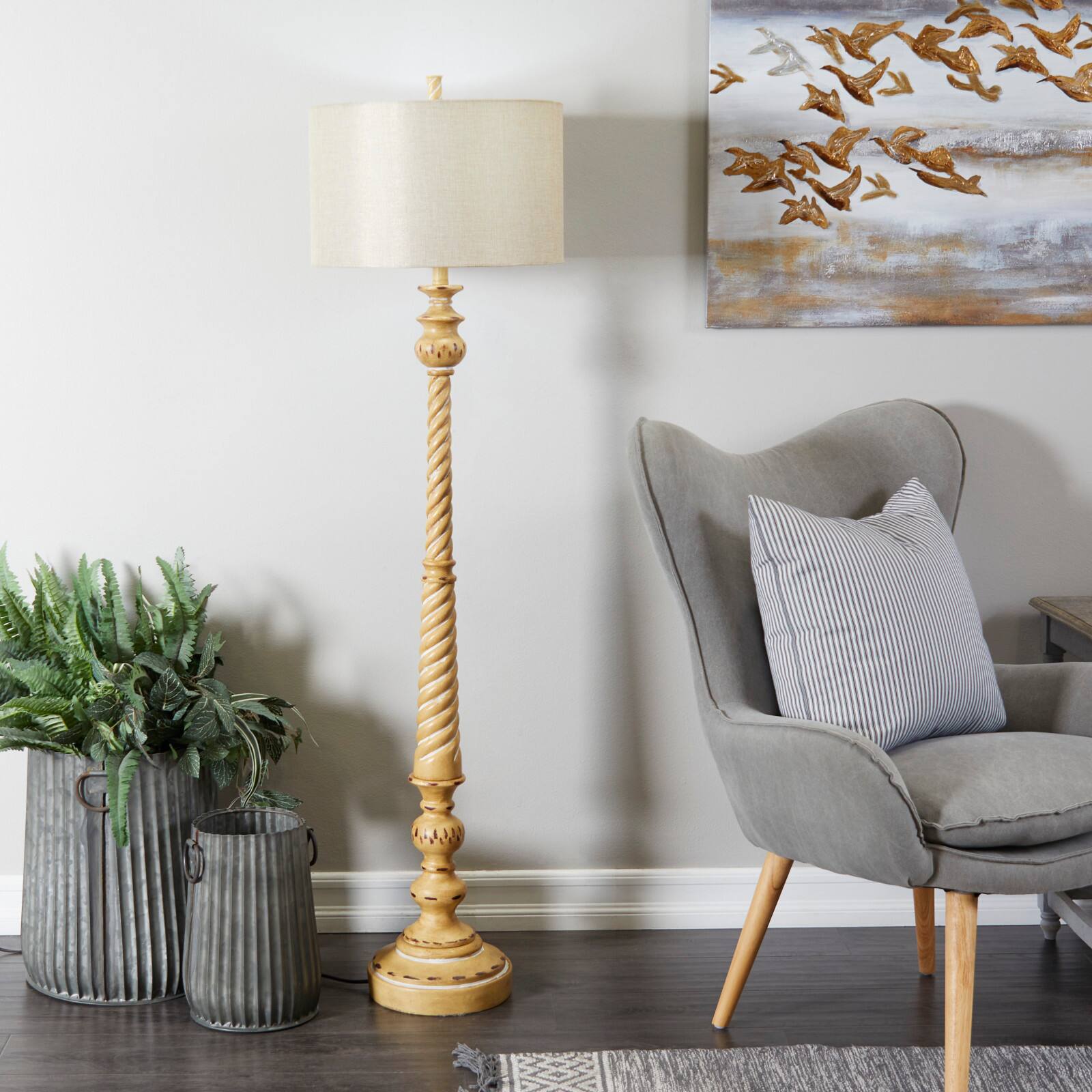 Brown Polystone Turned Style Floor Lamp with Drum Shade 16" x 16" x 60"