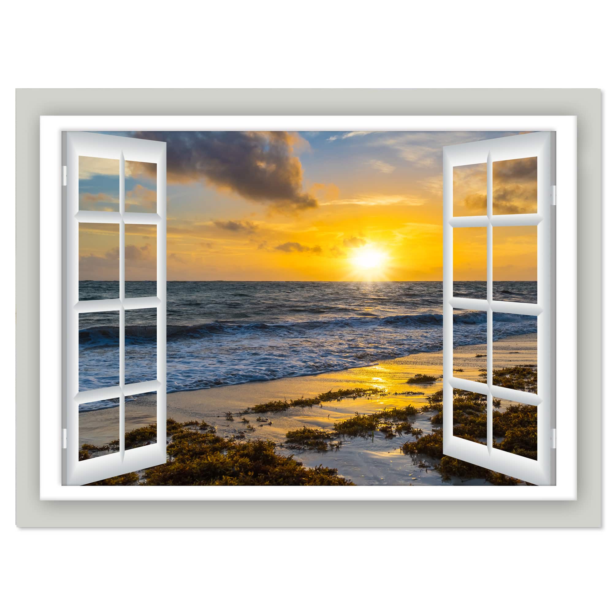 Designart - Open Window to Bright Yellow Sunset - Modern Seascape Canvas Artwork