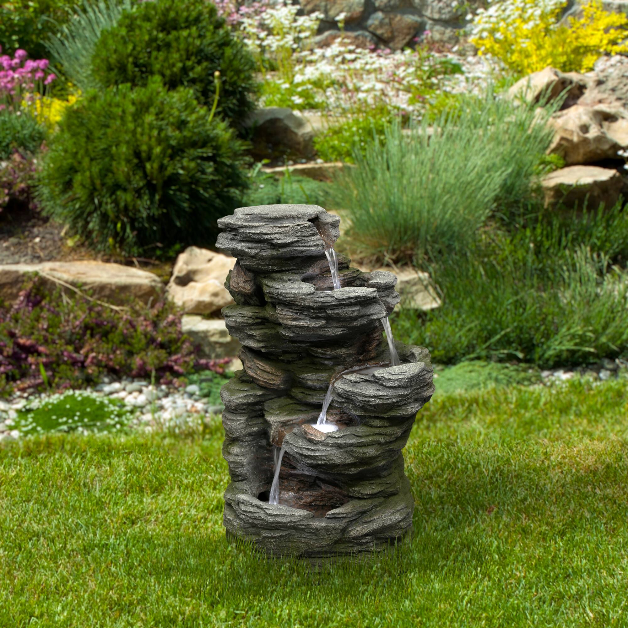 25&#x22; Gray LED 5-Tier Outdoor Garden Water Fountain