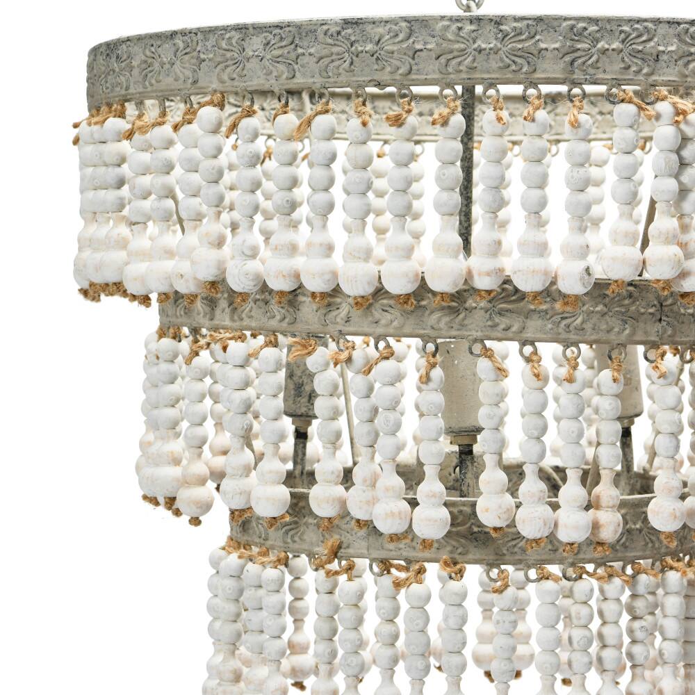 Hello Honey&#xAE; 20.5&#x22; Antique White 3-Tier Wood Bead Chandelier