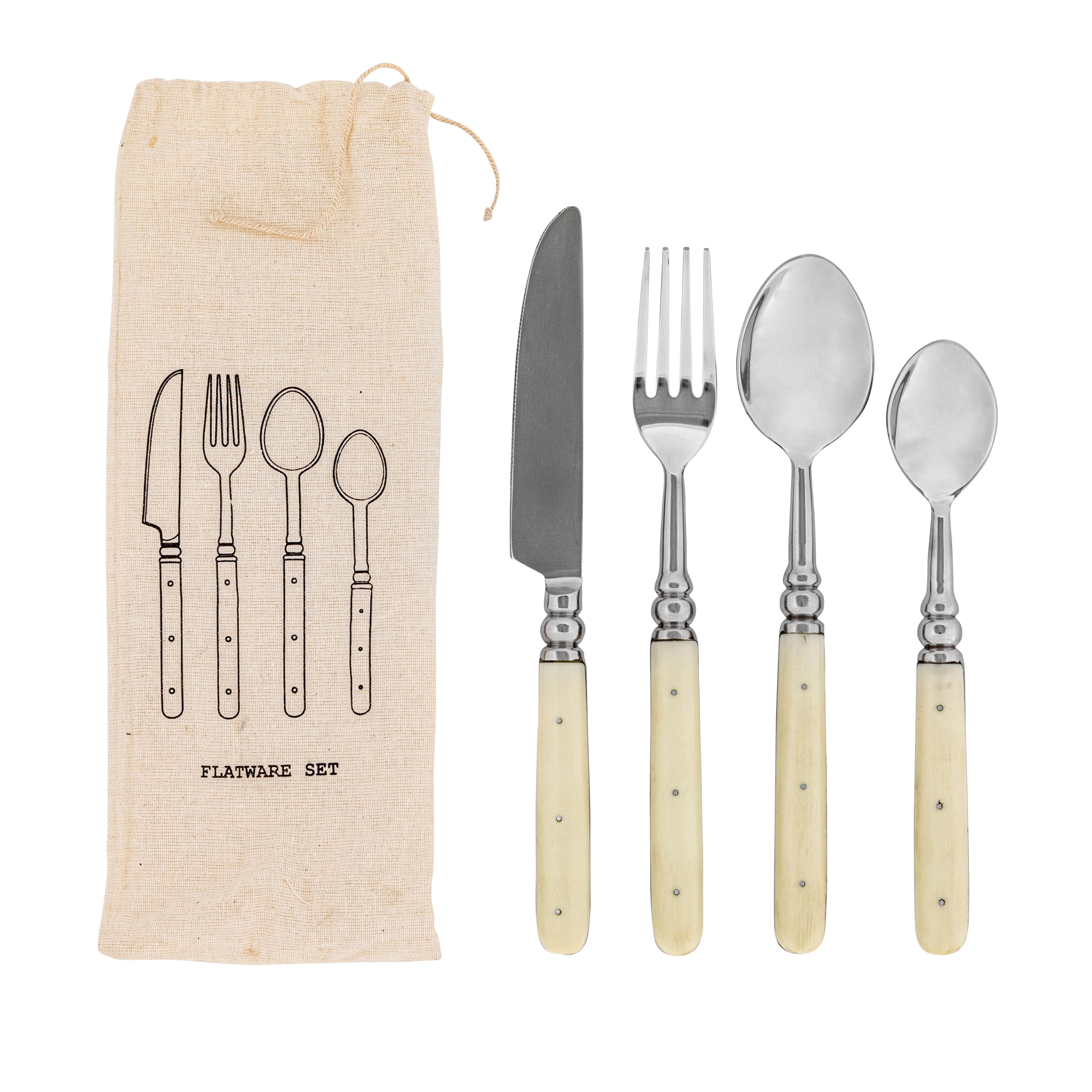 Cream Farmhouse Stainless Steel Cutlery Set in Drawstring Bag