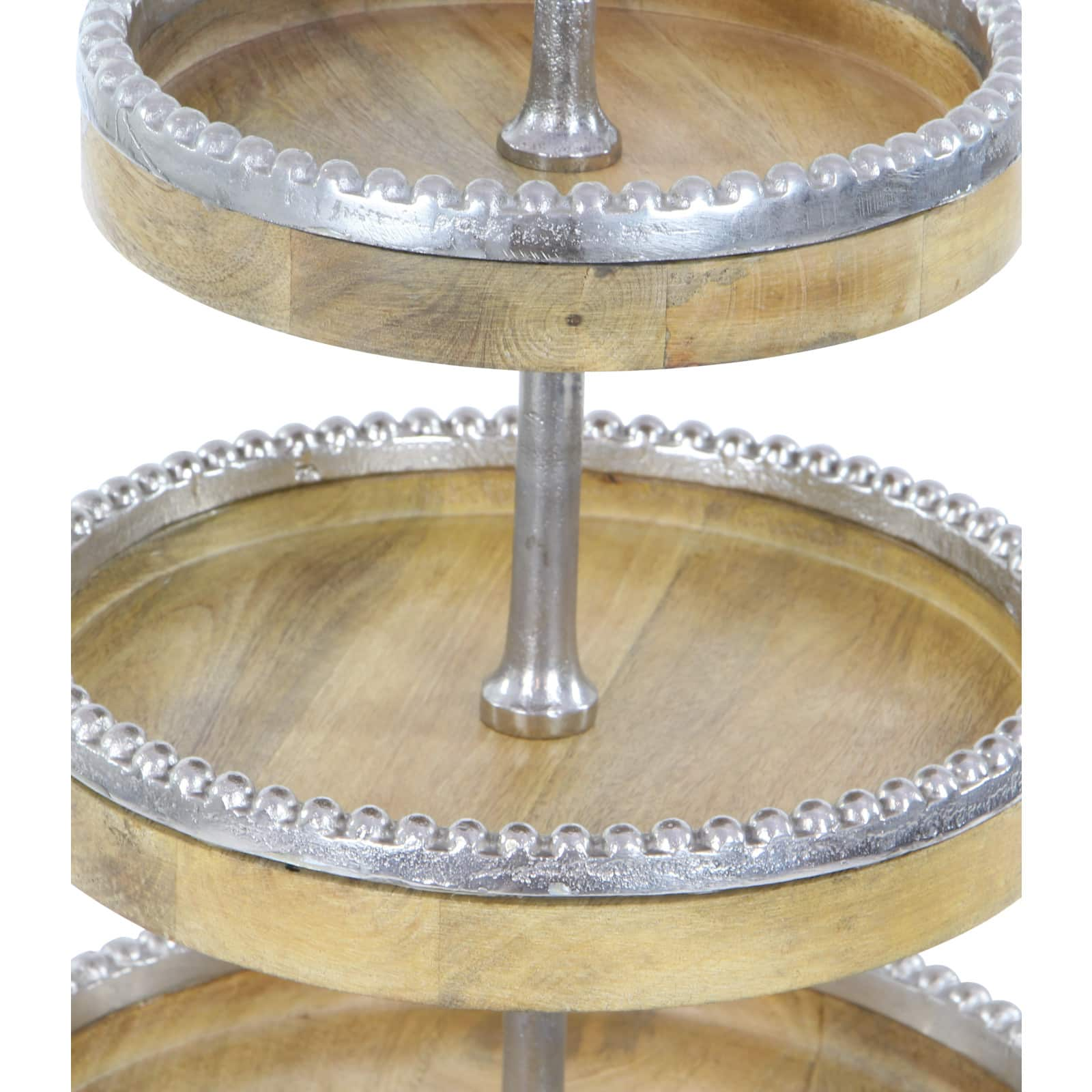 25&#x22; Brown Wood  &#x26; Aluminum 3-Tier Tray Stand