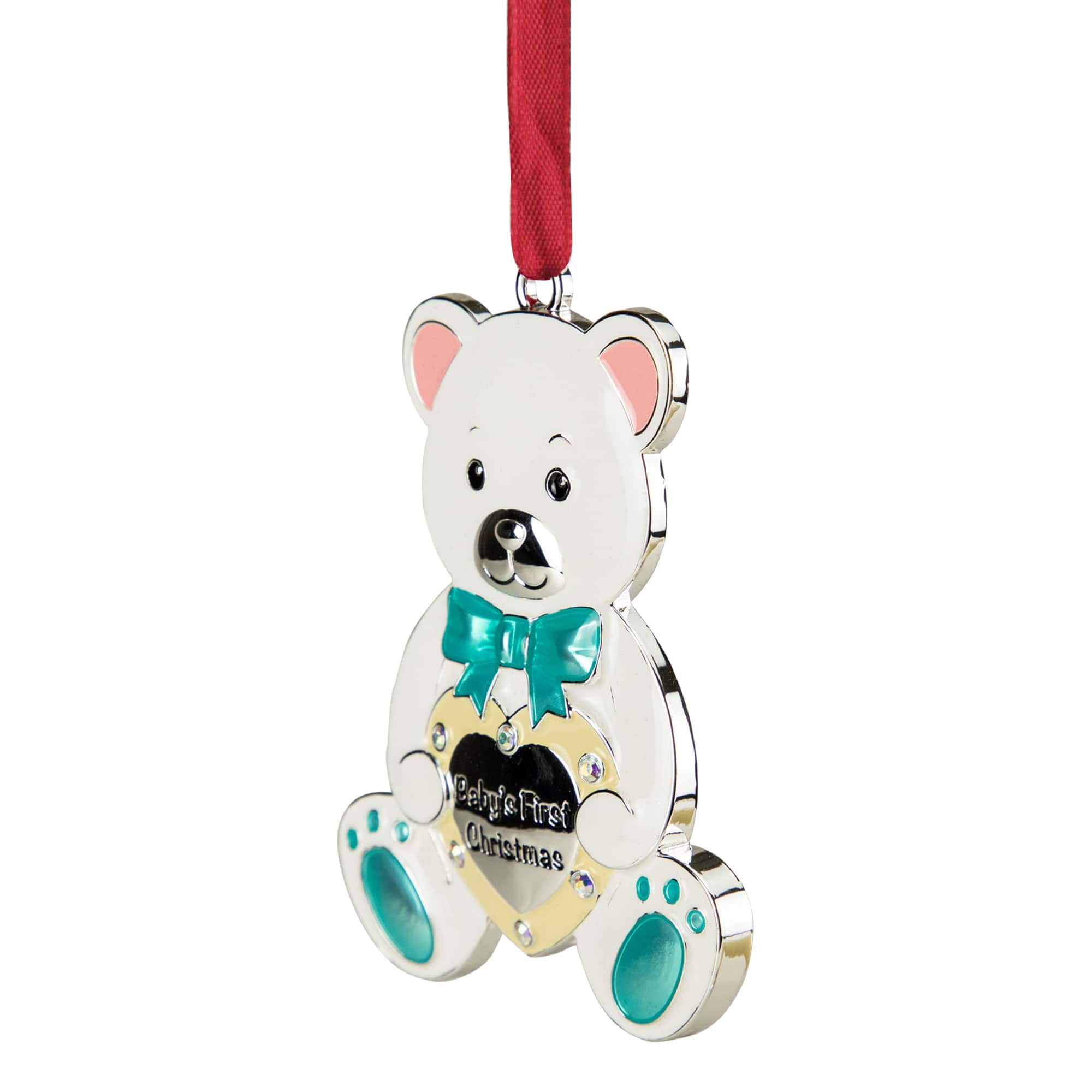 3&#x22; Pastel &#x26; Silver Plated Bear Baby&#x27;s First Christmas Ornament with European Crystals