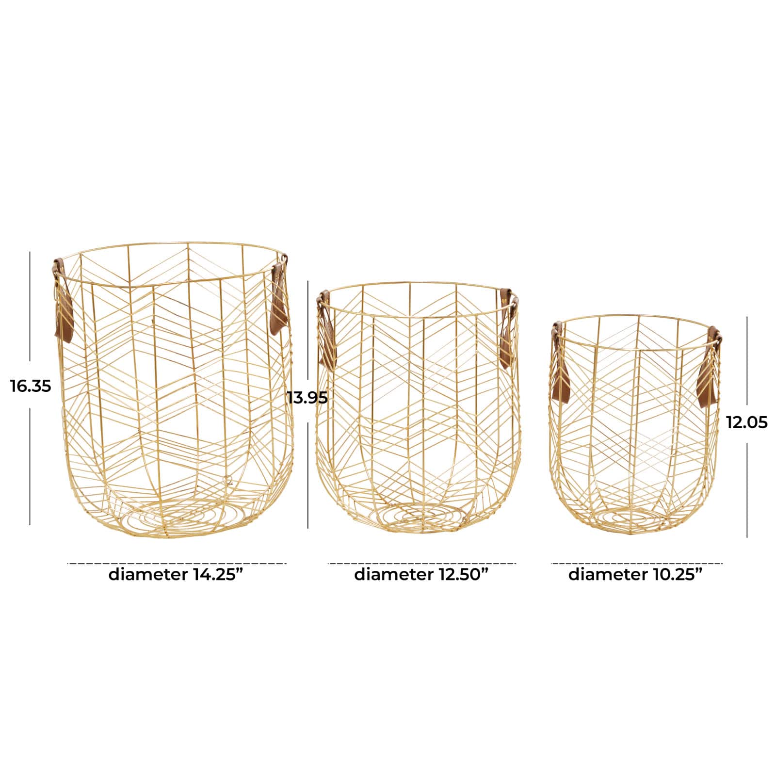 CosmoLiving by Cosmopolitan Gold Metal Storage Basket with Faux Leather Handles Set of 3 16", 14", 12"