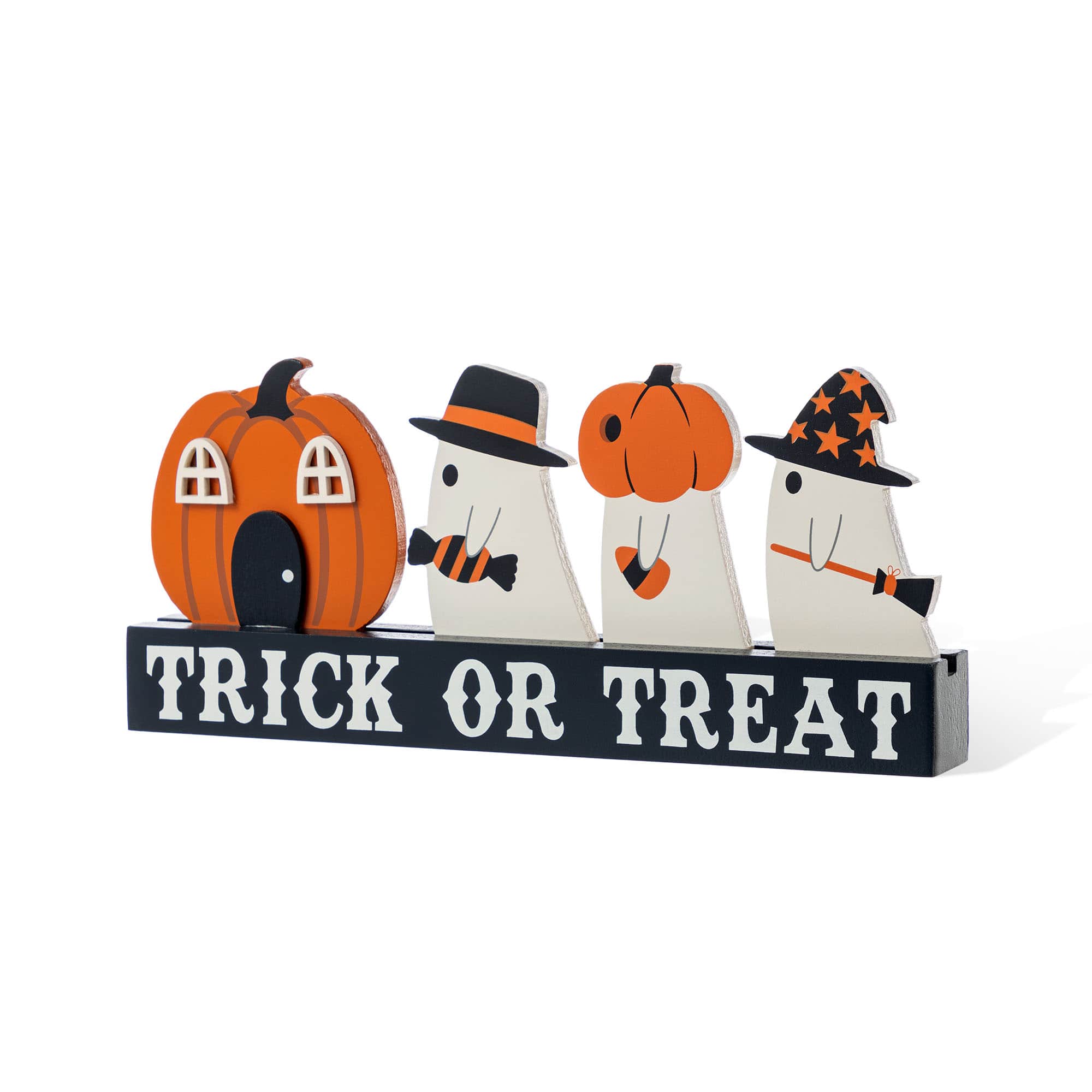 Glitzhome&#xAE; 12&#x22;L Halloween Wooden TRICK OR TREAT Pumpkin &#x26; Ghosts Table Decor