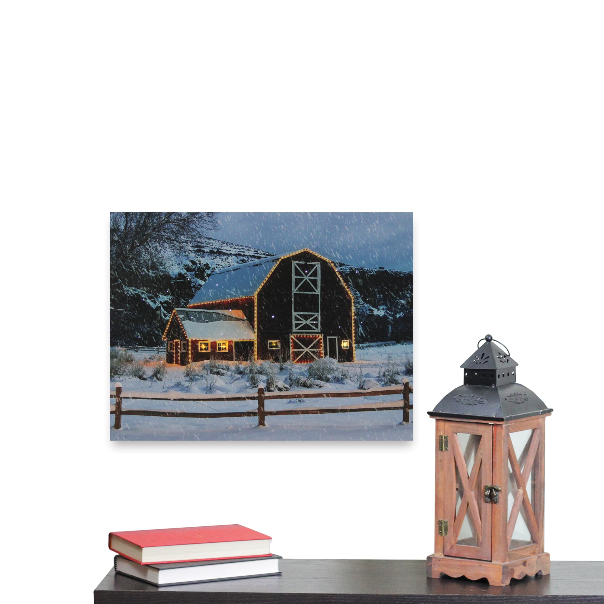 Snowy Red Barn LED Fiber Optic Canvas Wall Art