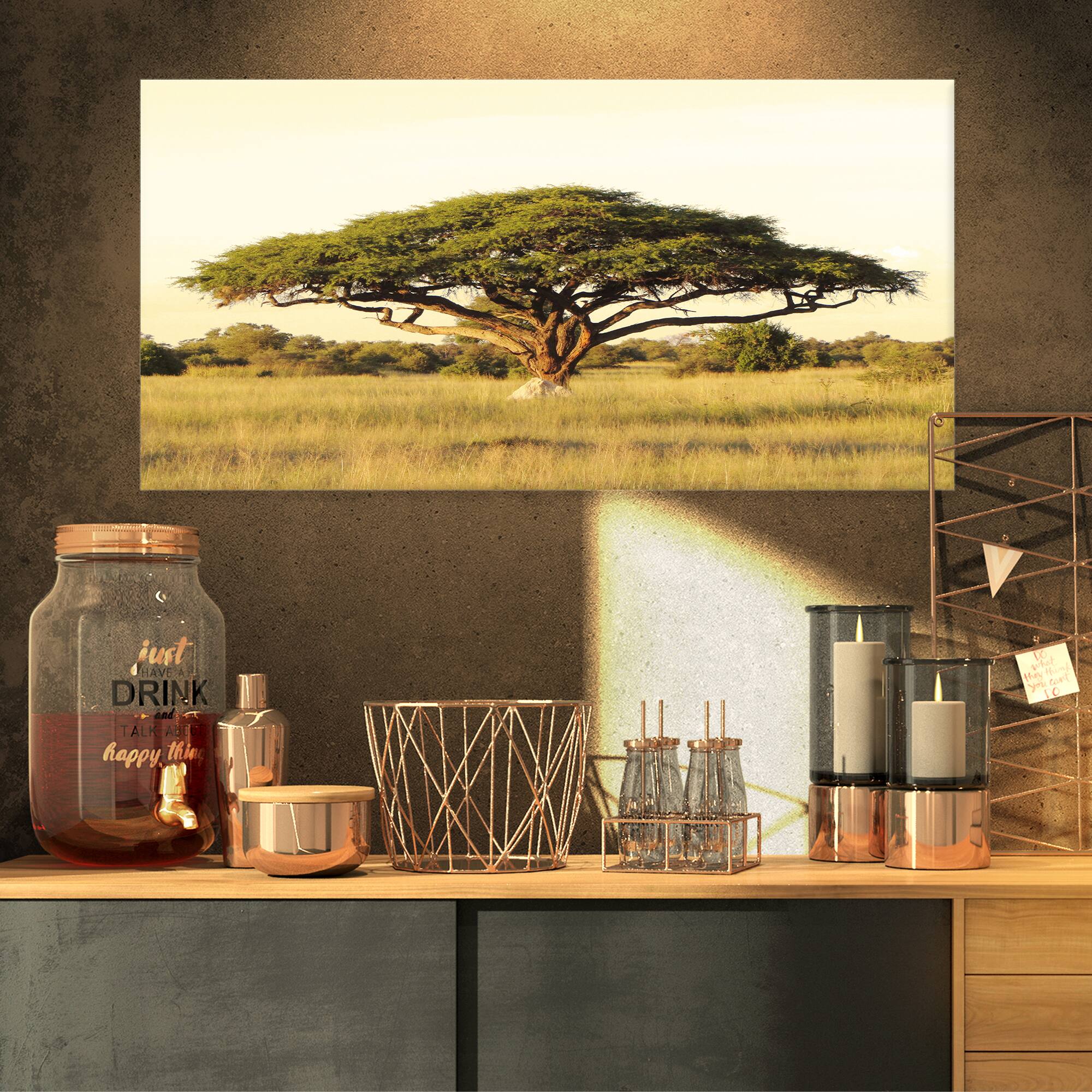 Designart - Acacia Tree on African Plain - Oversized African Landscape Canvas Art