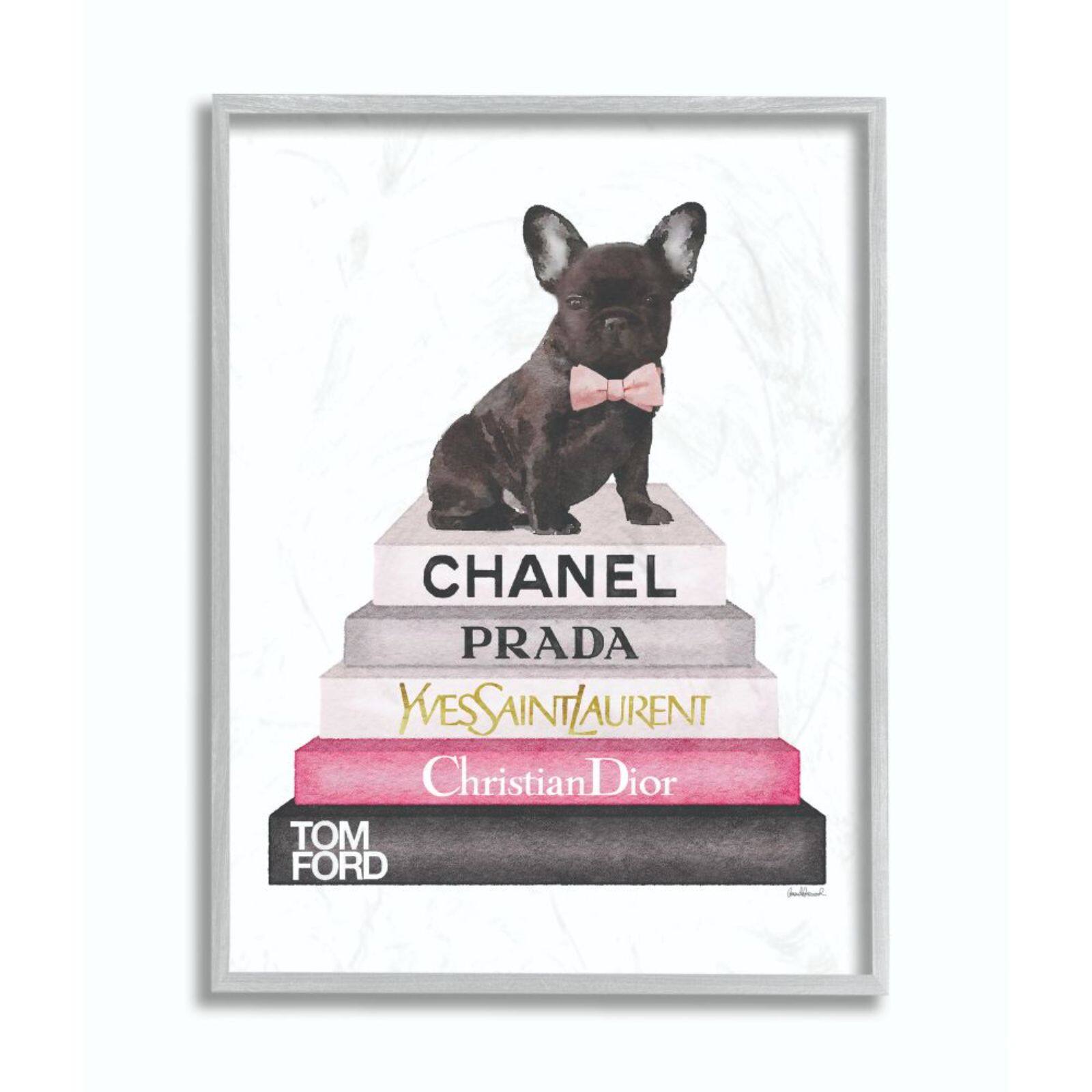 Stupell Industries Fashion Book Stack & French Bulldog Wall Art in Gray Frame