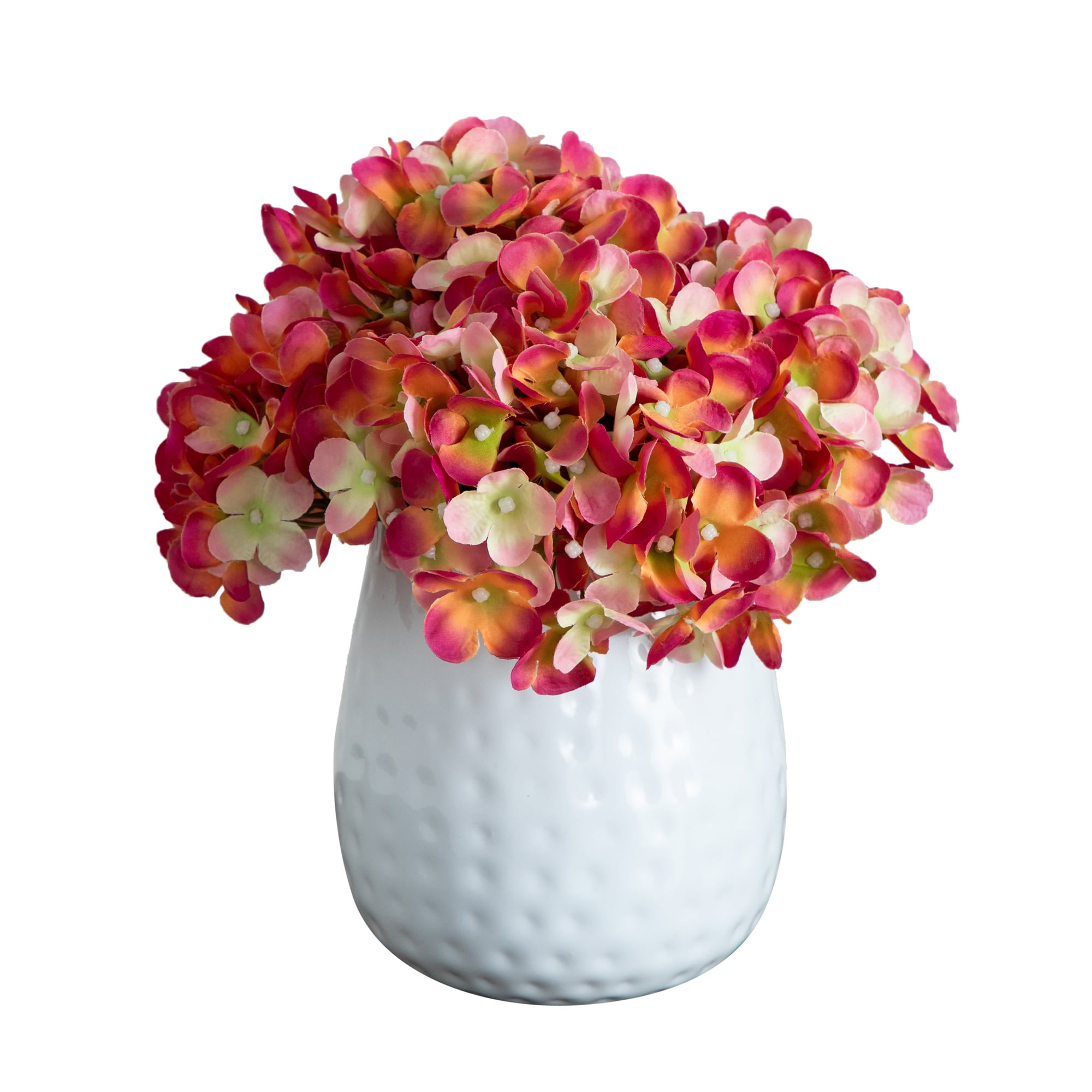 11" Pink Hydrangea Arrangement in White Metal Vase
