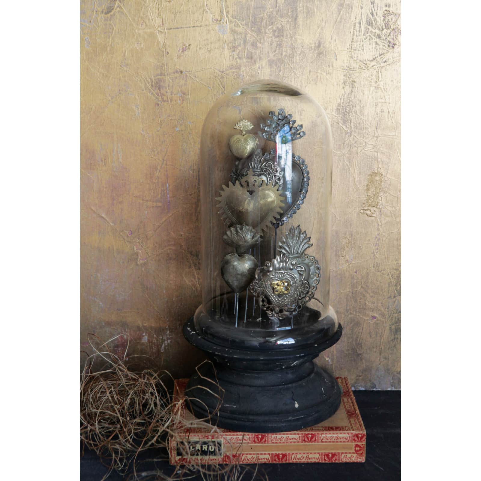 15&#x22; Decorative Tin Sacred Hearts on Wood Pedestal with Glass Cloche