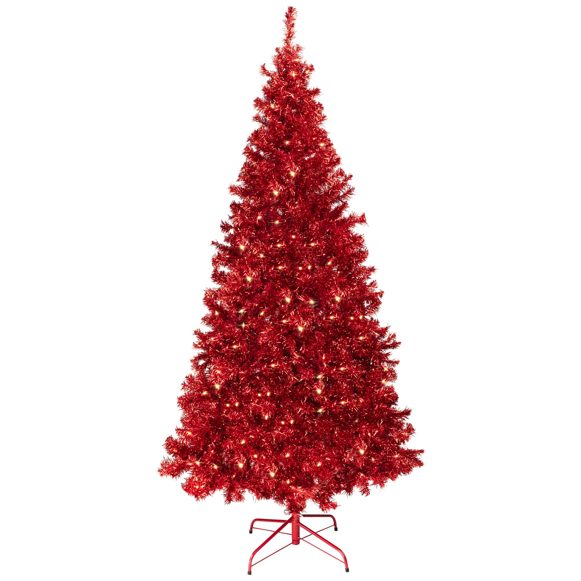 7ft. Pre-Lit Red Artificial Tinsel Christmas Tree, Clear Lights