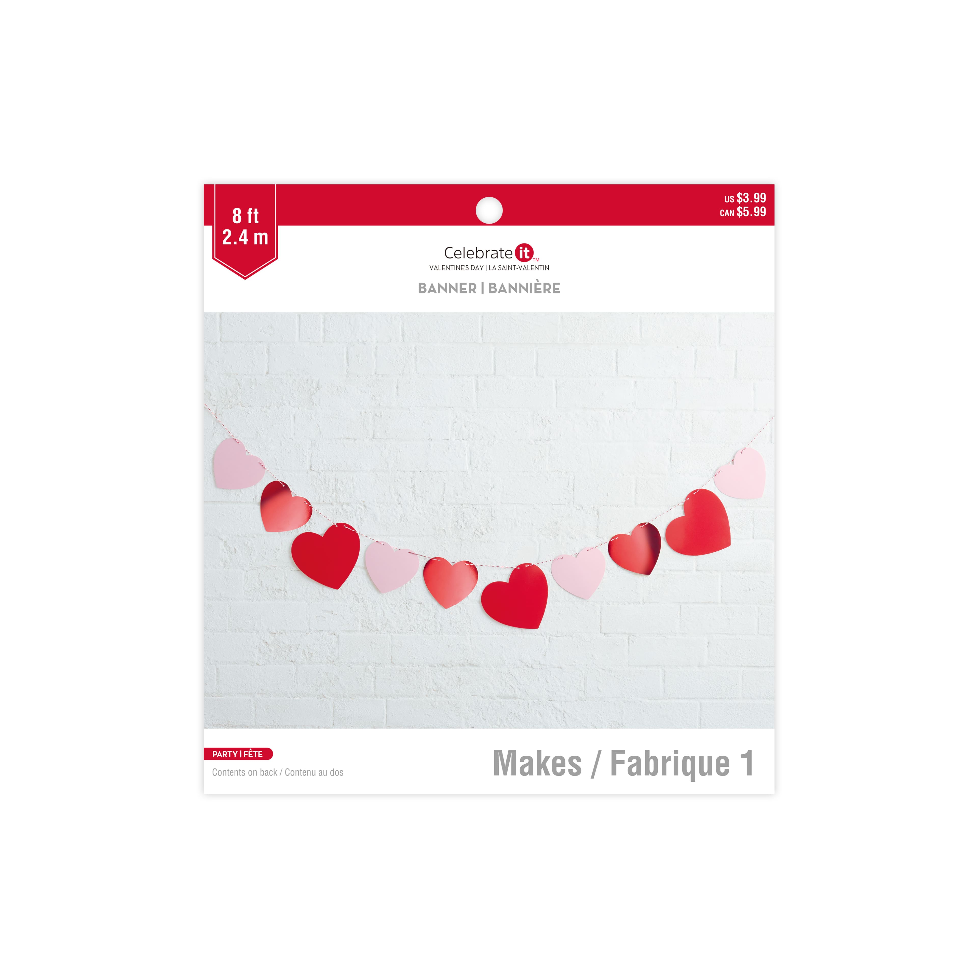 8ft. Pink & Red Hearts Banner by Celebrate It™