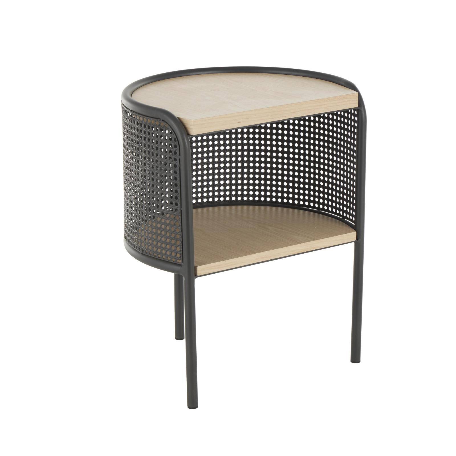 22.25" Light Brown Wooden Half-Moon Two-Toned 1-Shelf Accent Table with Mesh Back Panel