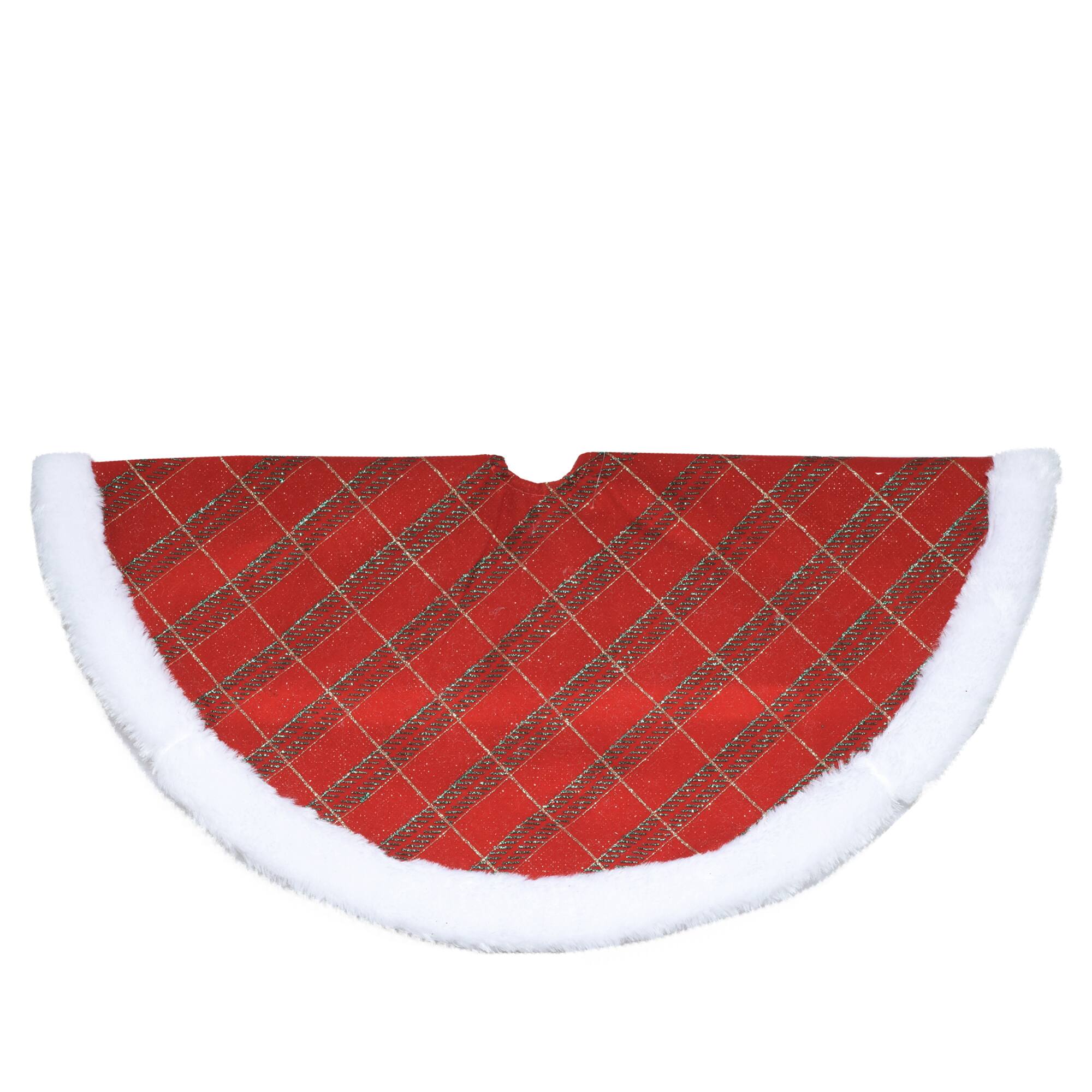 20&#x22; Glittery Plaid &#x26; White Faux Fur Trim Mini Tree Skirt