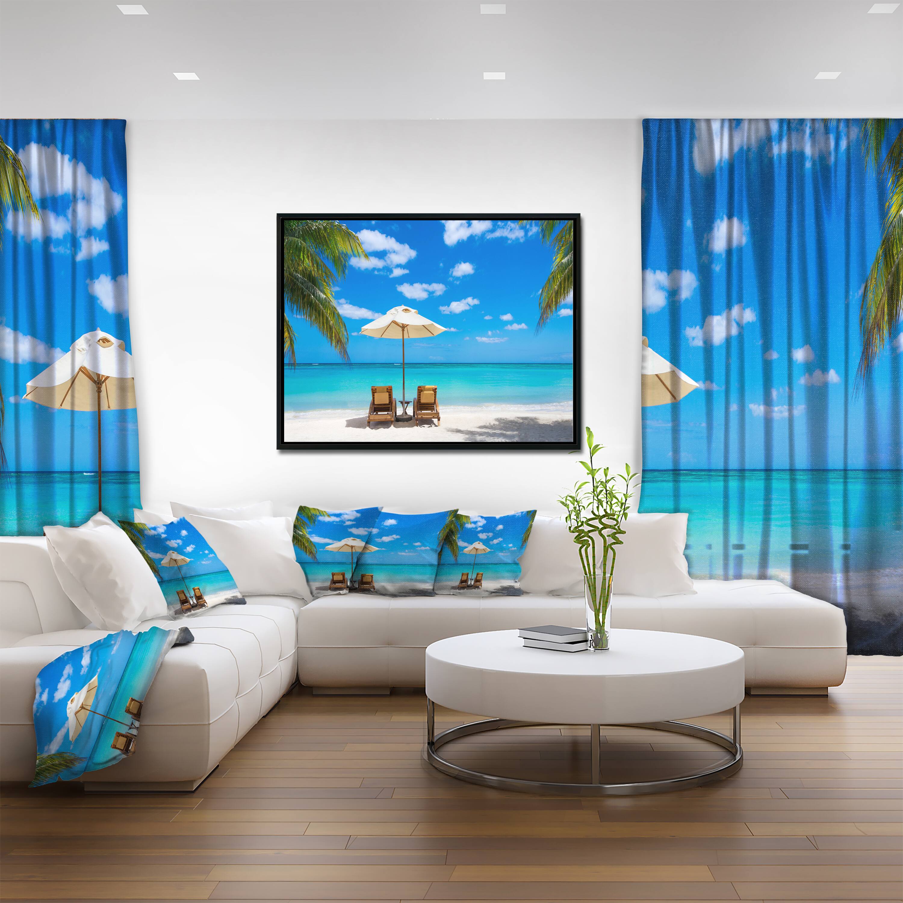 Designart - Turquoise Beach with Chairs - Seashore Photo Framed Canvas Print