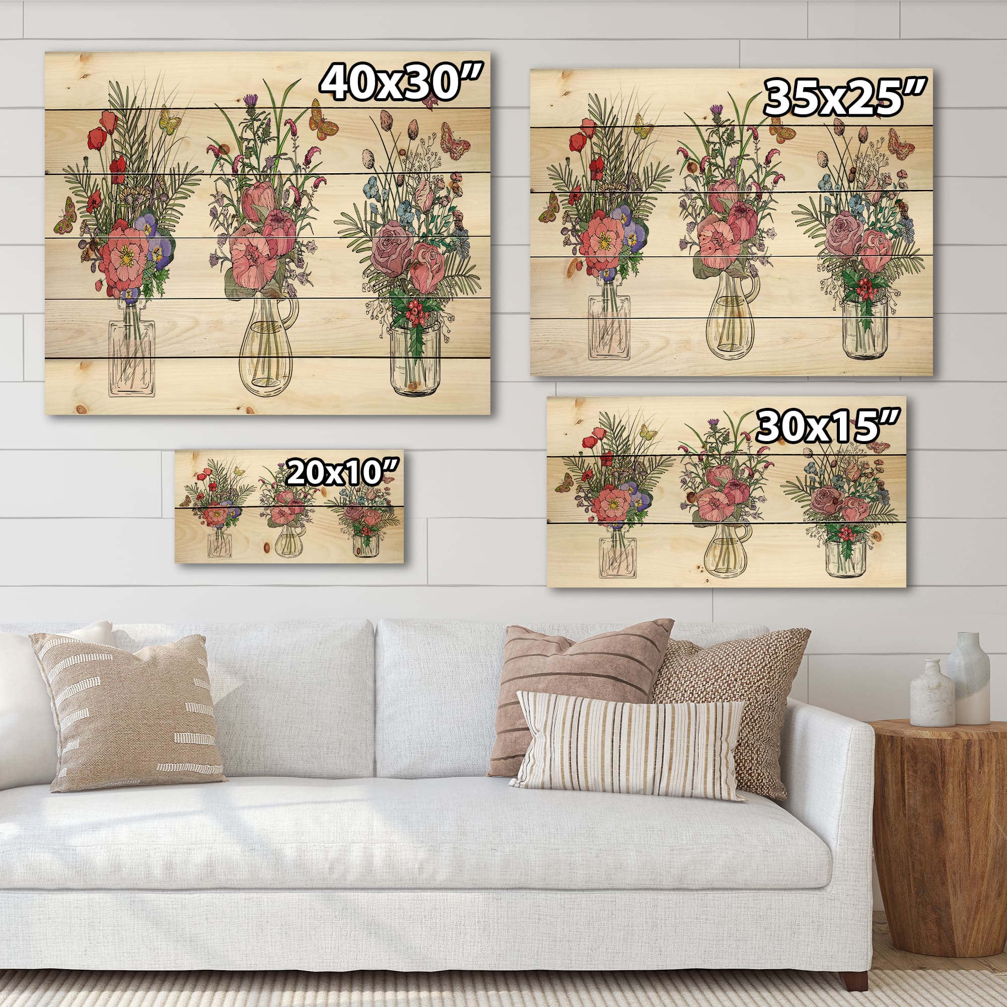 Designart - Bouquets Of Wildflowers In Transparent Vases II - Farmhouse Print on Natural Pine Wood