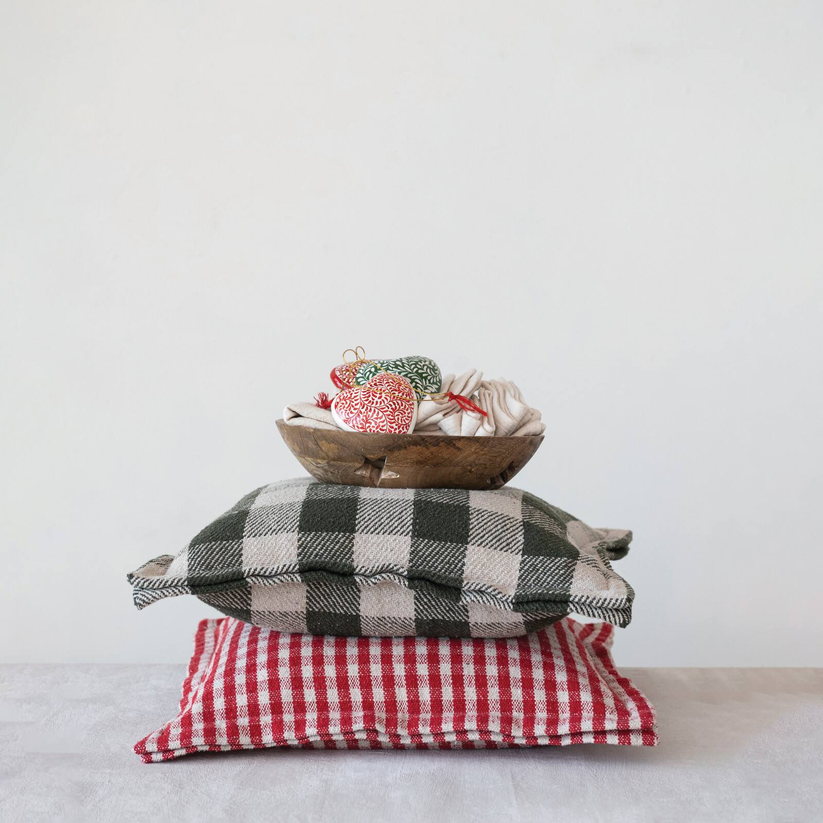 Hello Honey&#xAE; 18&#x22; Red &#x26; White Gingham with Flanged Edge Woven Recycled Cotton Pillow