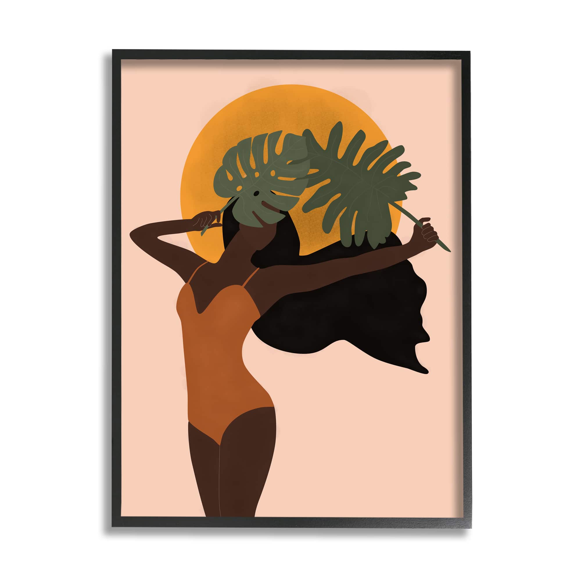 Stupell Industries Female Holding Tropical Monstera Leaf under Sun in Black Frame Wall Art