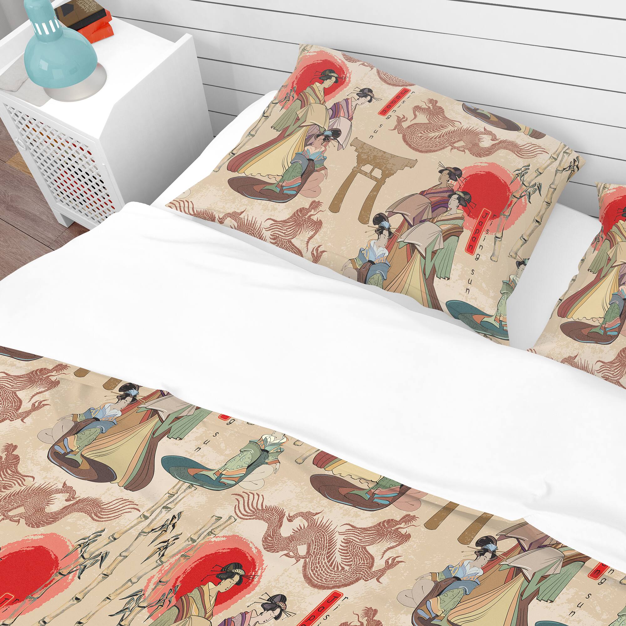Designart &#x27;Japanese Geishas &#x26; Dragons&#x27; Oriental Bedding Set - Duvet Cover &#x26; Shams