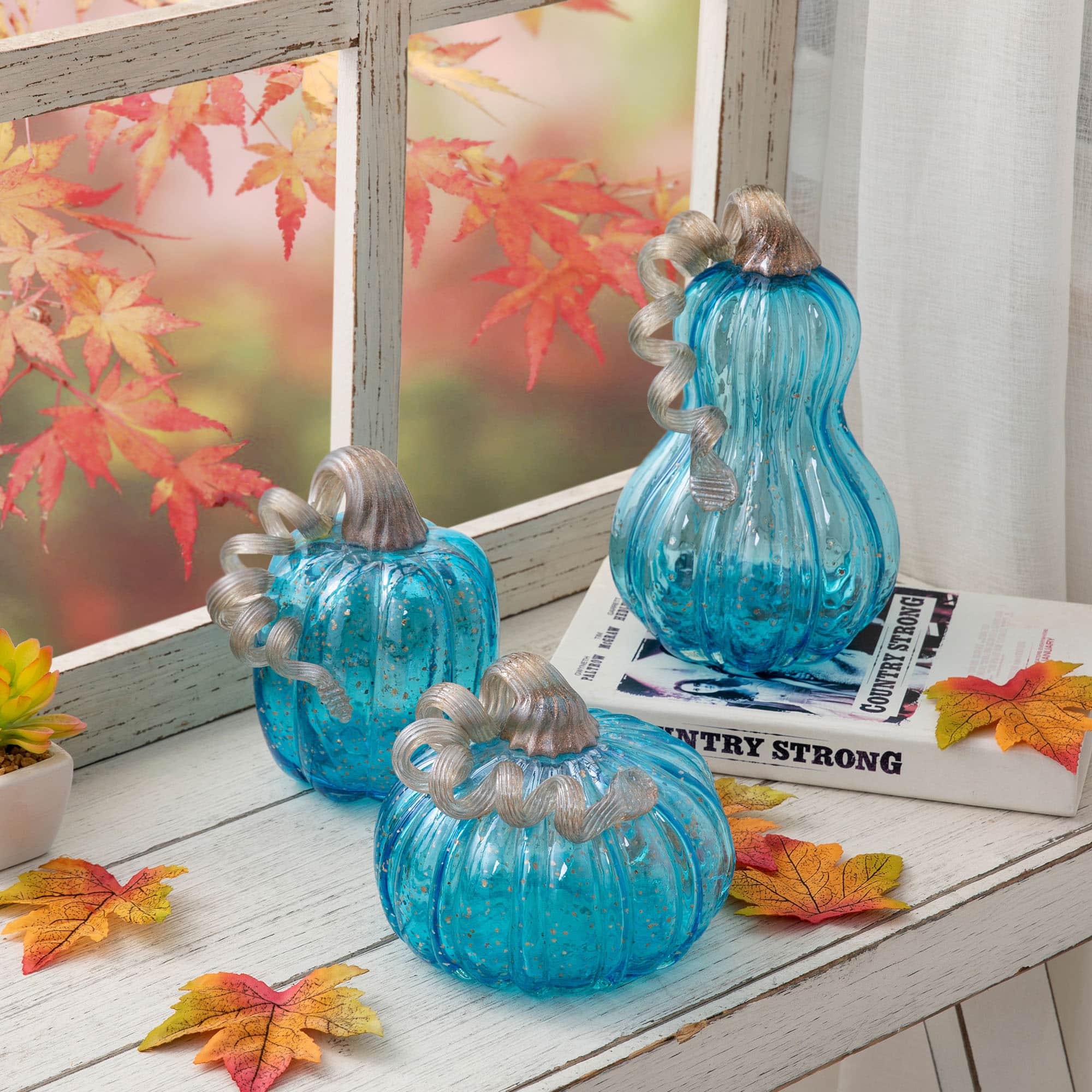 Glitzhome&#xAE; Blue Glass Pumpkin Set
