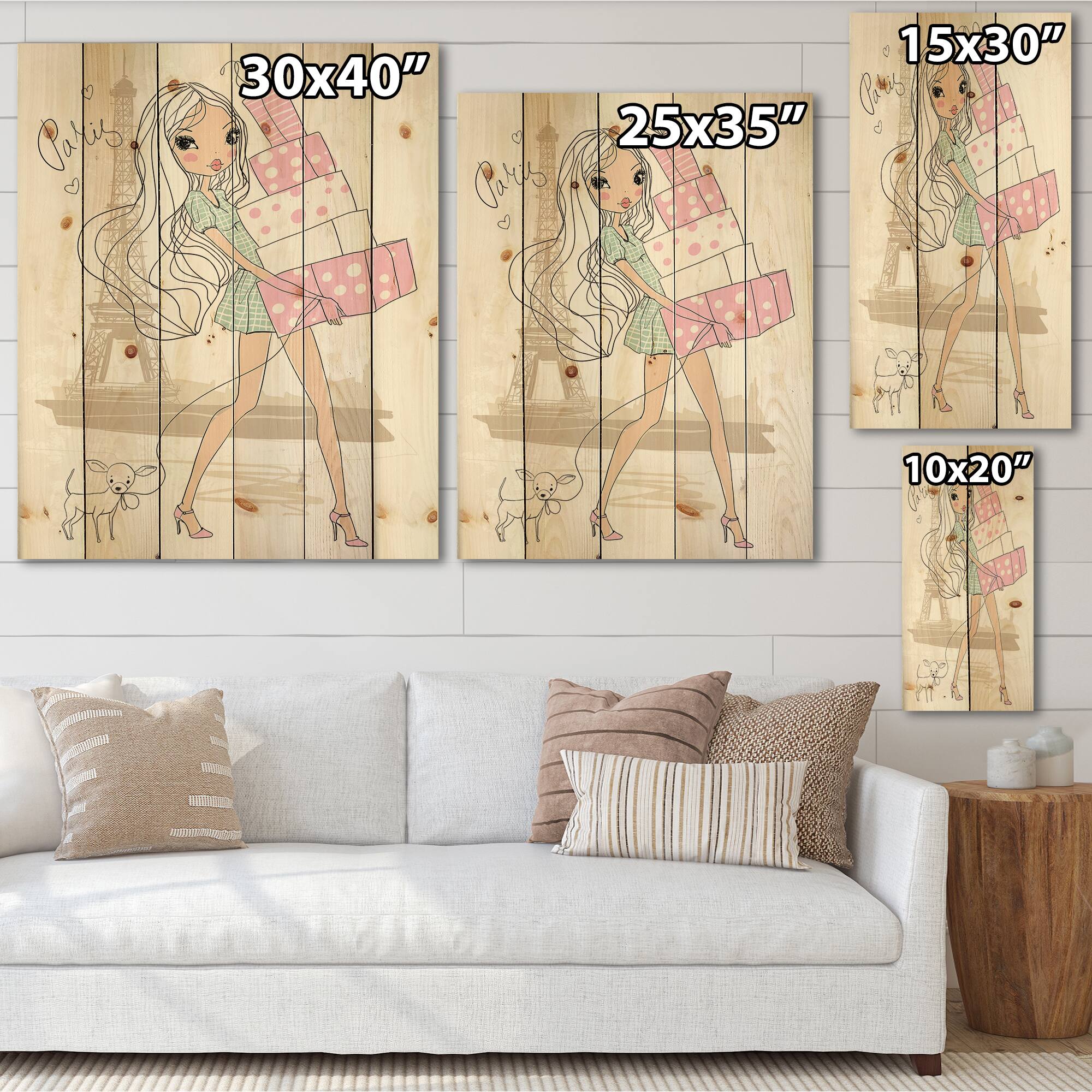 Designart - Young Girl With Shopping Boxes In Paris - Shabby Chic Print on Natural Pine Wood