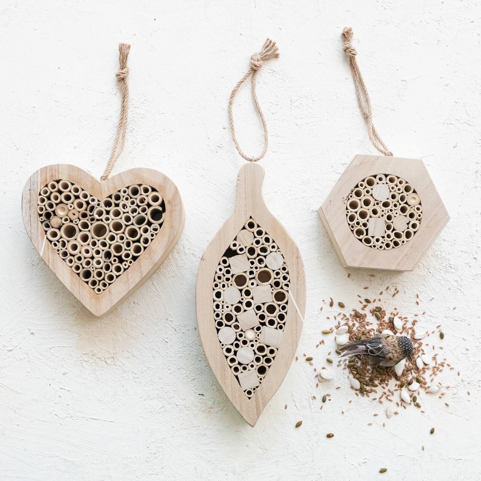 Hello Honey&#xAE; 10&#x22; Natural Paulownia Wood &#x26; Bamboo Hexagon-Shaped Insect House with Jute Hanger
