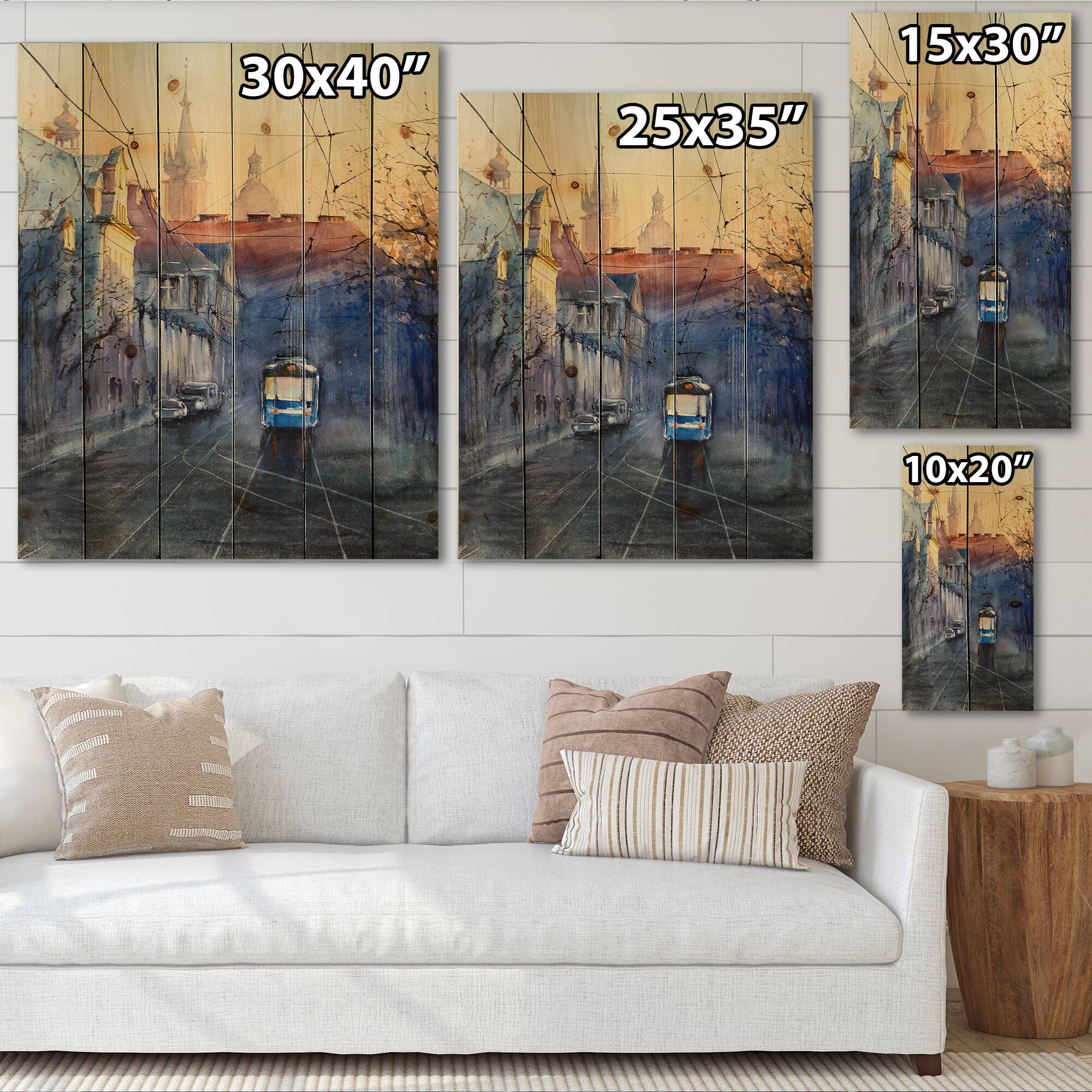 Designart - Blue Tram At Sunset With Church During Sunset - Nautical &#x26; Coastal Print on Natural Pine Wood