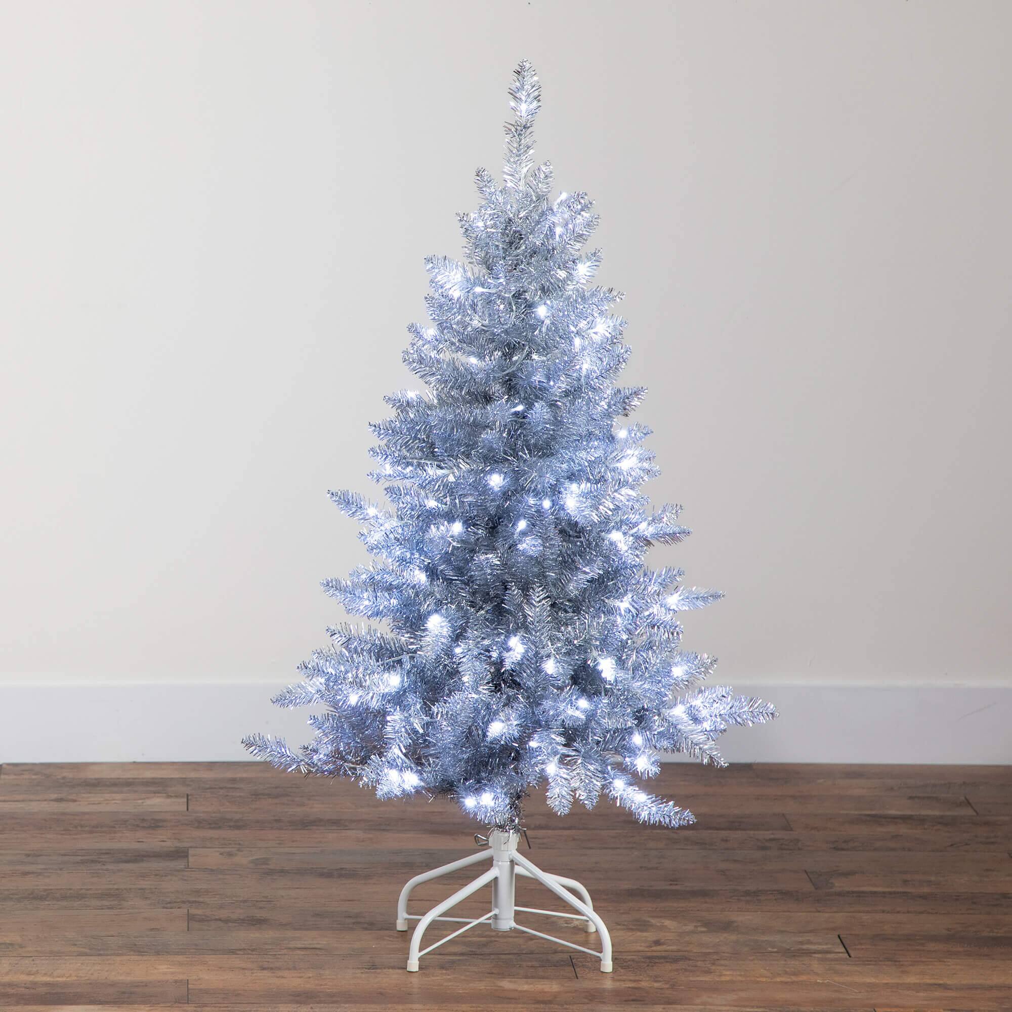 4ft. Pre-Lit Silver Tinsel Artificial Christmas Tree, Cool White Lights