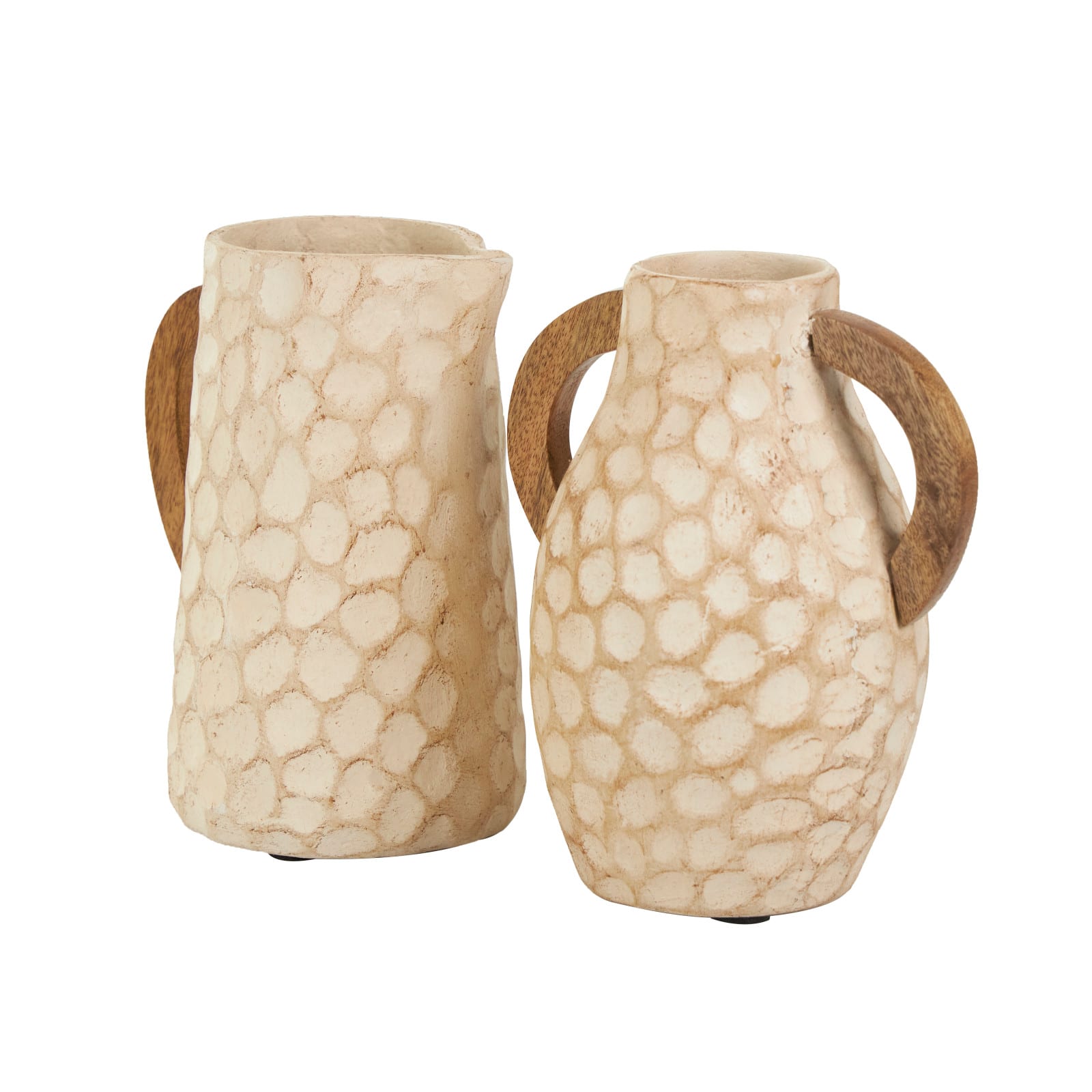 Beige Paper Mache Honeycomb Inspired Jug Vase with Wooden Handle Set