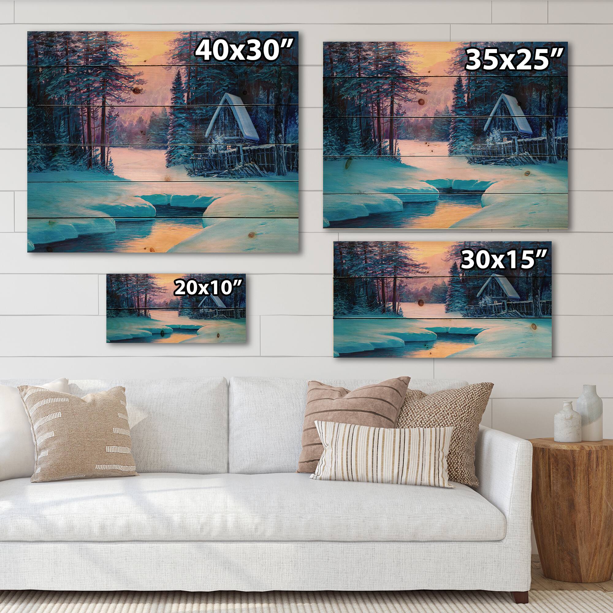 Designart - Winter Landscape & The River House In The Woods II